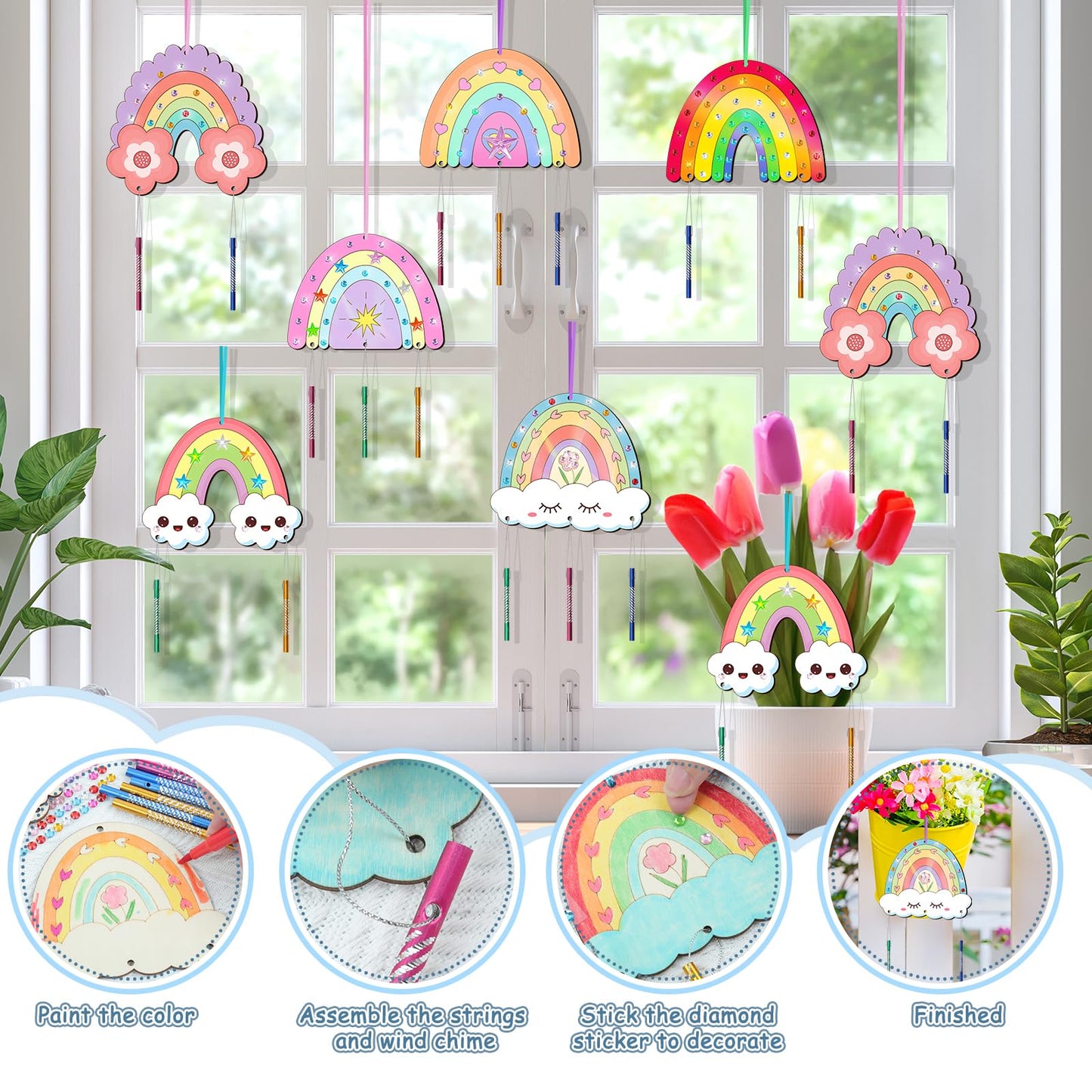 TREACLUB 12 Pack Wind Chime Kit for Kids – DIY Rainbow Wood Crafts