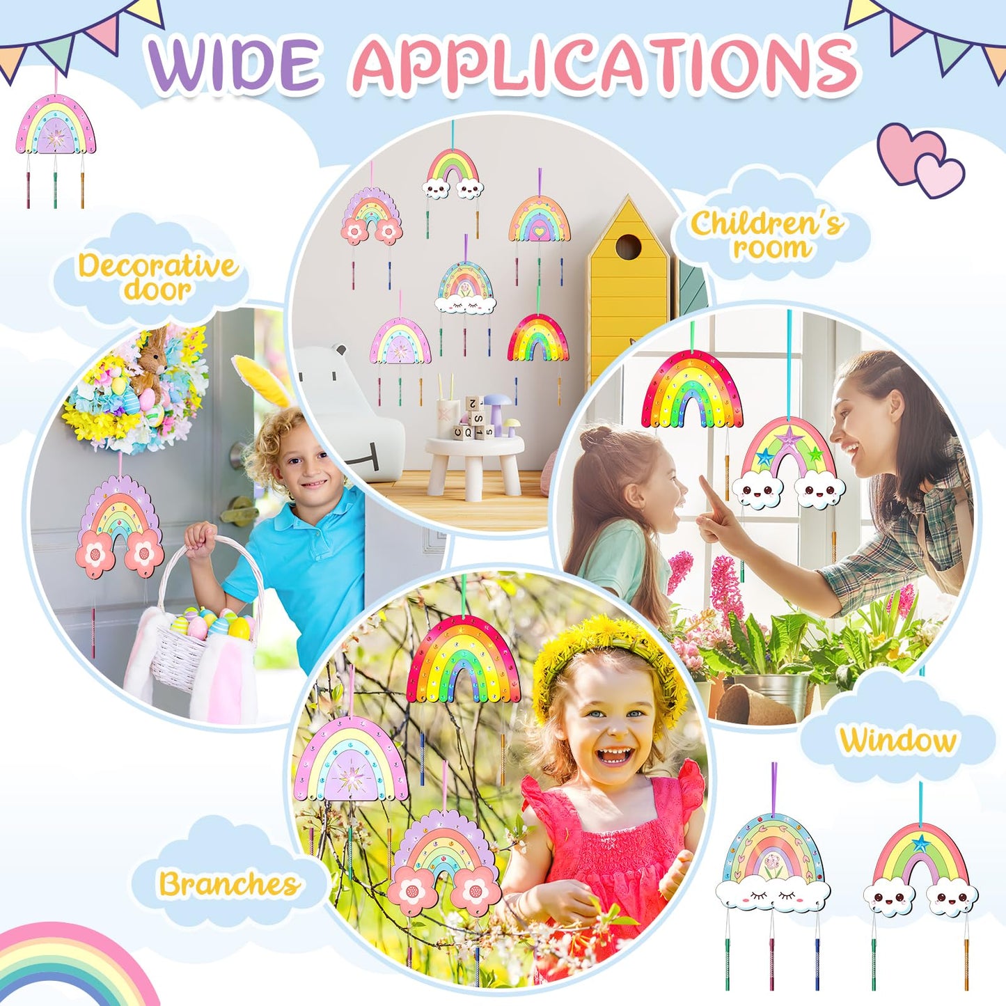 TREACLUB 12 Pack Wind Chime Kit for Kids – DIY Rainbow Wood Crafts