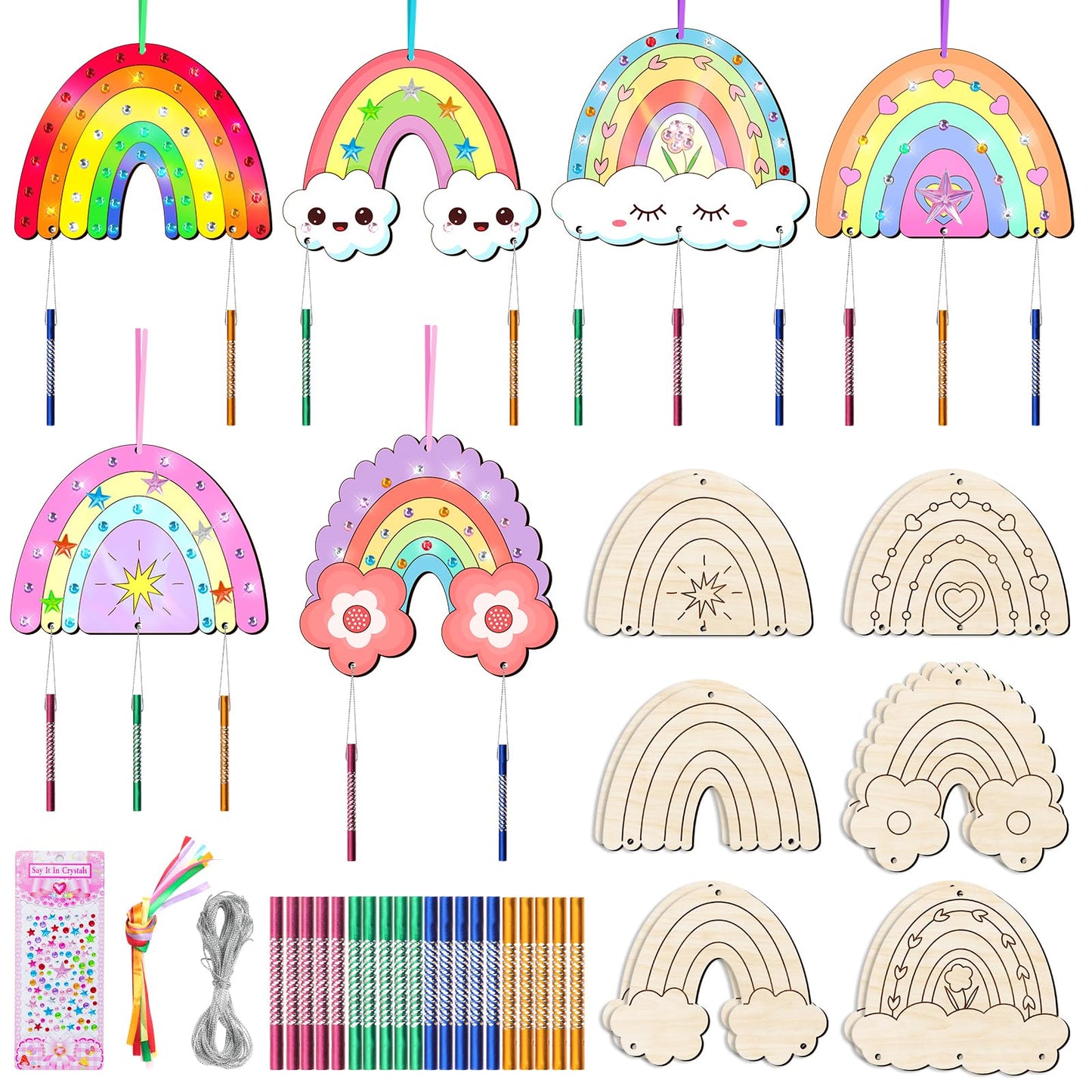 TREACLUB 12 Pack Wind Chime Kit for Kids – DIY Rainbow Wood Crafts