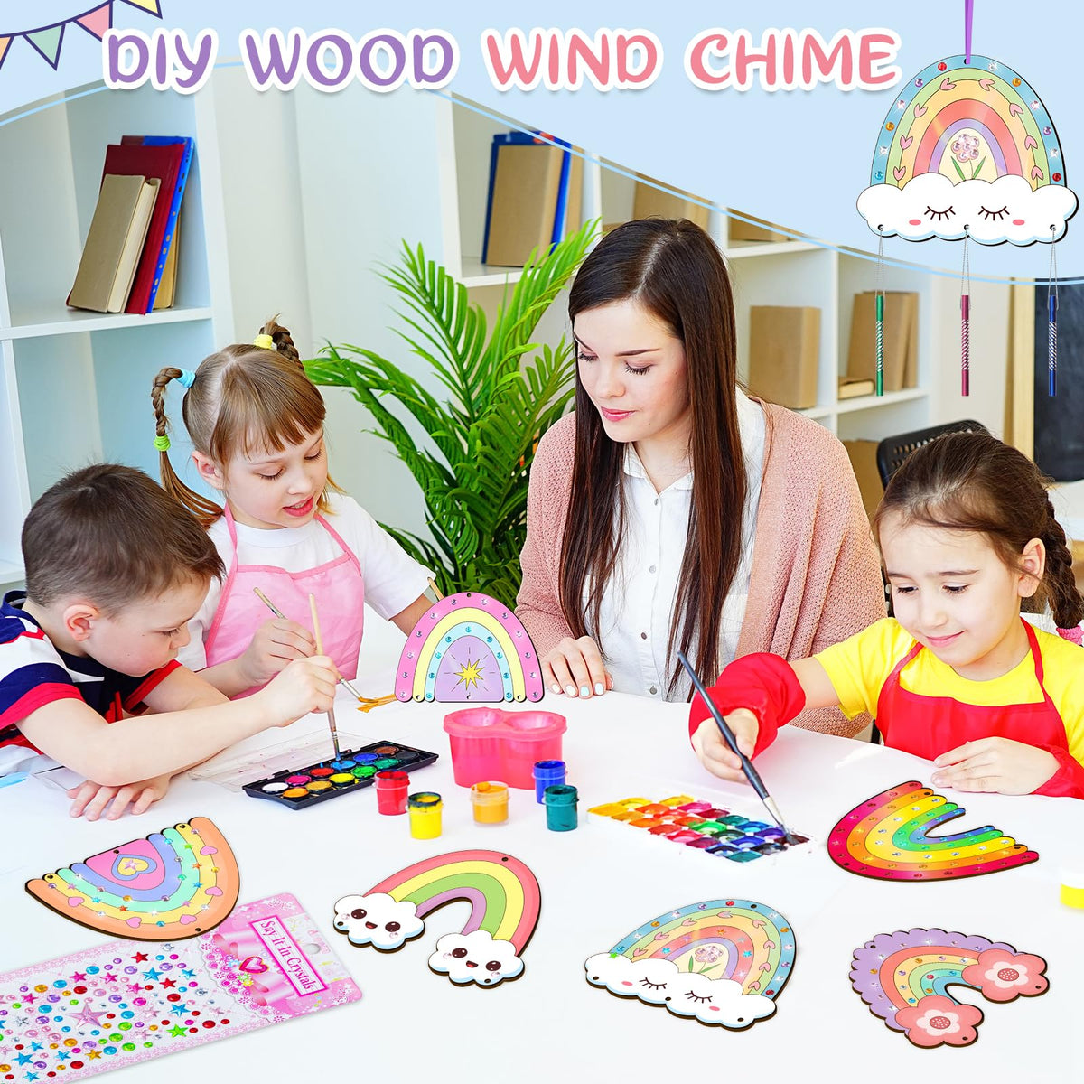 TREACLUB 12 Pack Wind Chime Kit for Kids – DIY Rainbow Wood Crafts