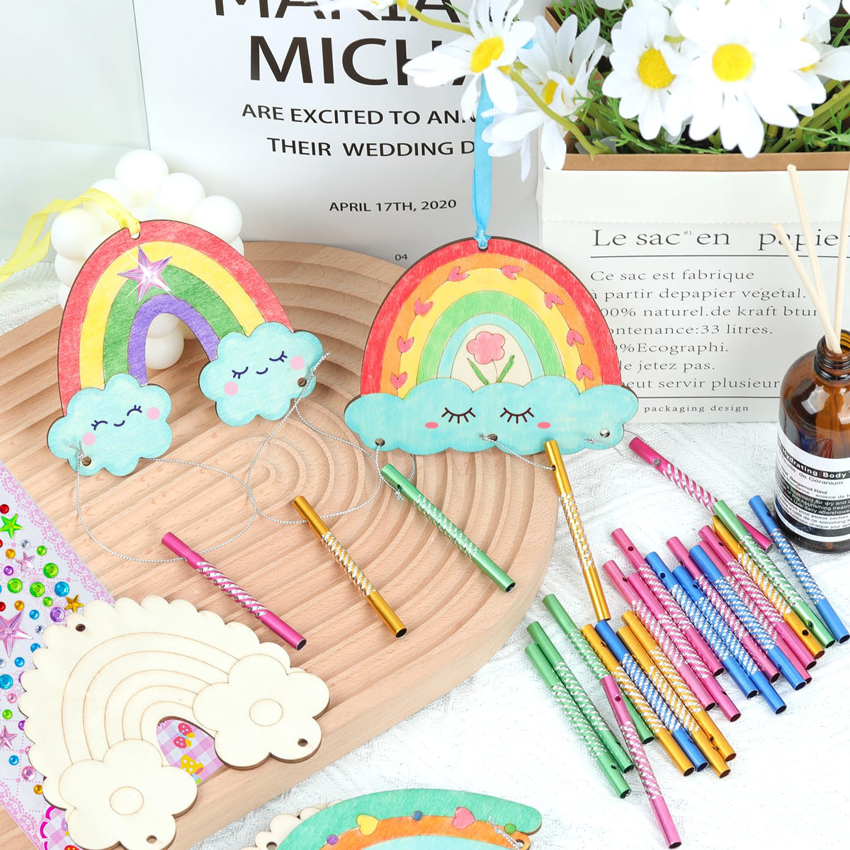 TREACLUB 12 Pack Wind Chime Kit for Kids – DIY Rainbow Wood Crafts