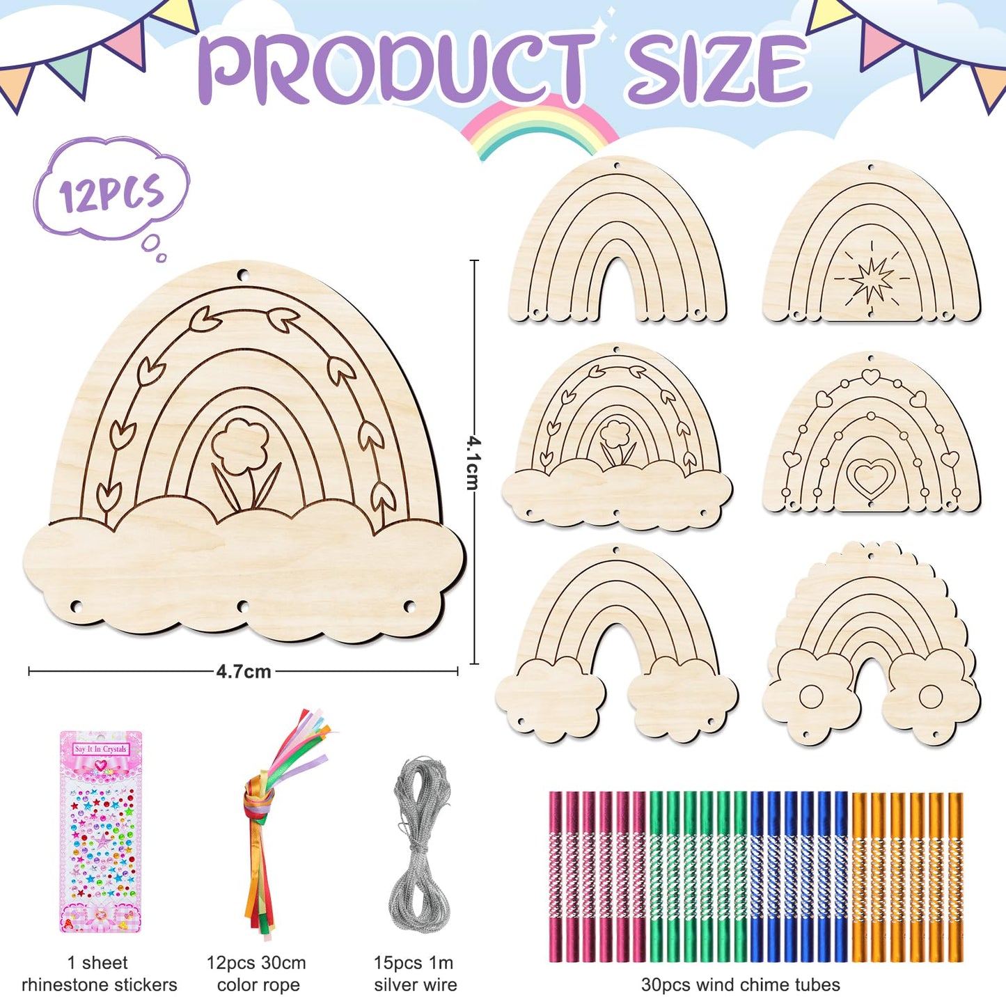 TREACLUB 12 Pack Wind Chime Kit for Kids – DIY Rainbow Wood Crafts
