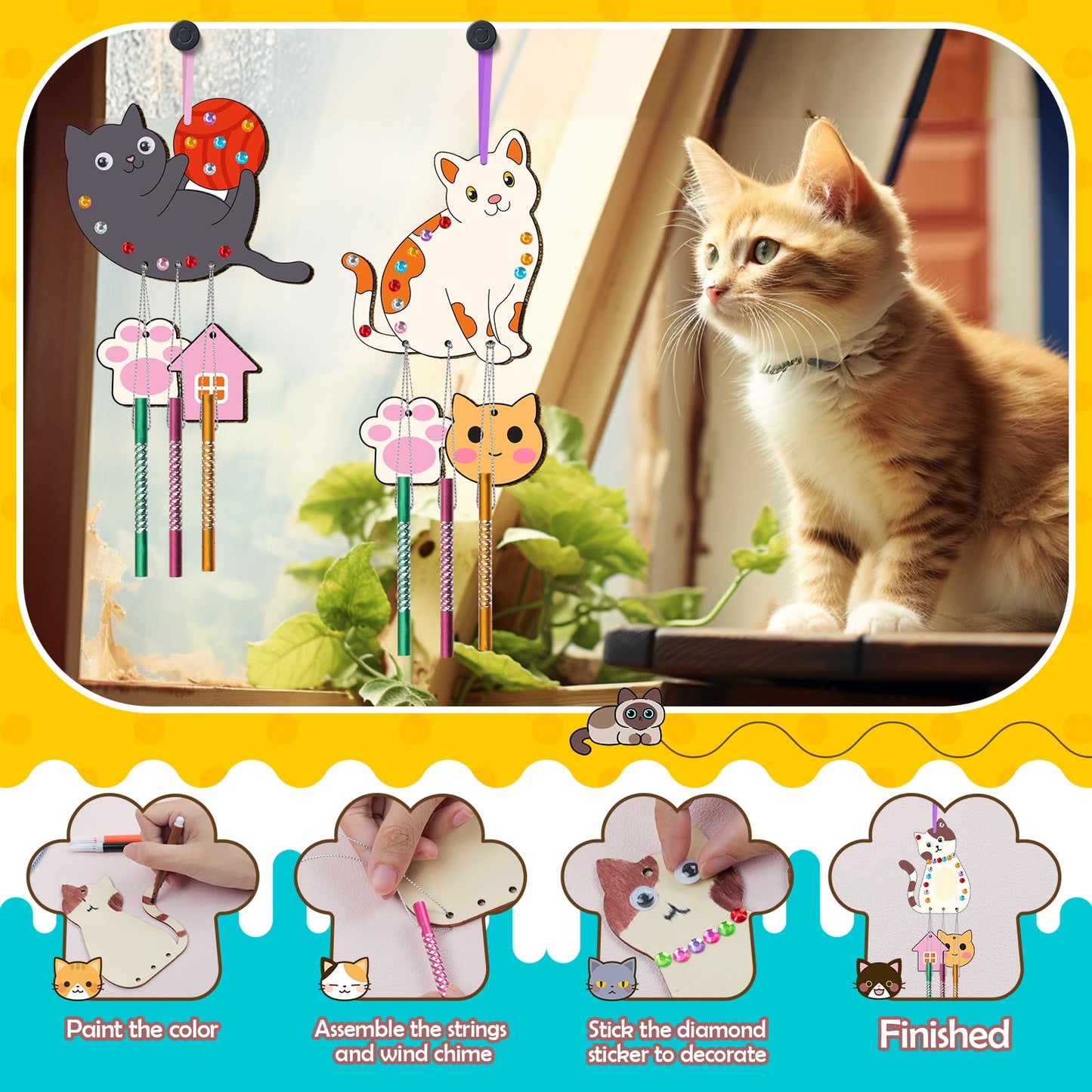 TREACLUB 12 Pack Wind Chime Kit for Kids – DIY Cat Wood Crafts
