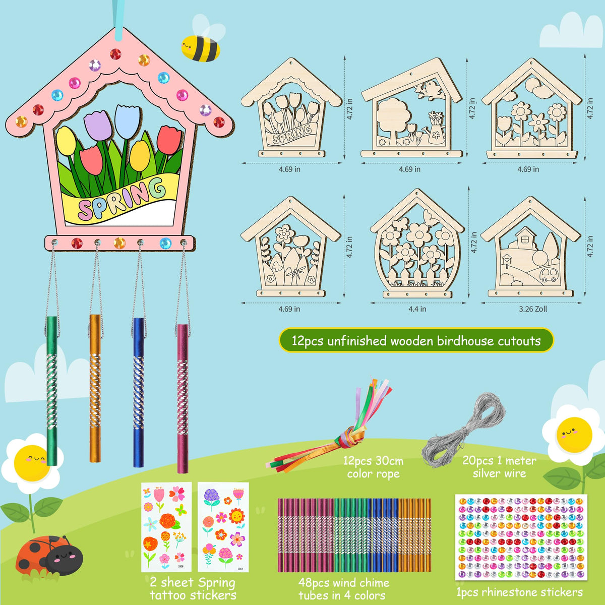 TREACLUB 12Pcs Birdhouse Wind Chime Kit for Kids – DIY Spring Wood Crafts