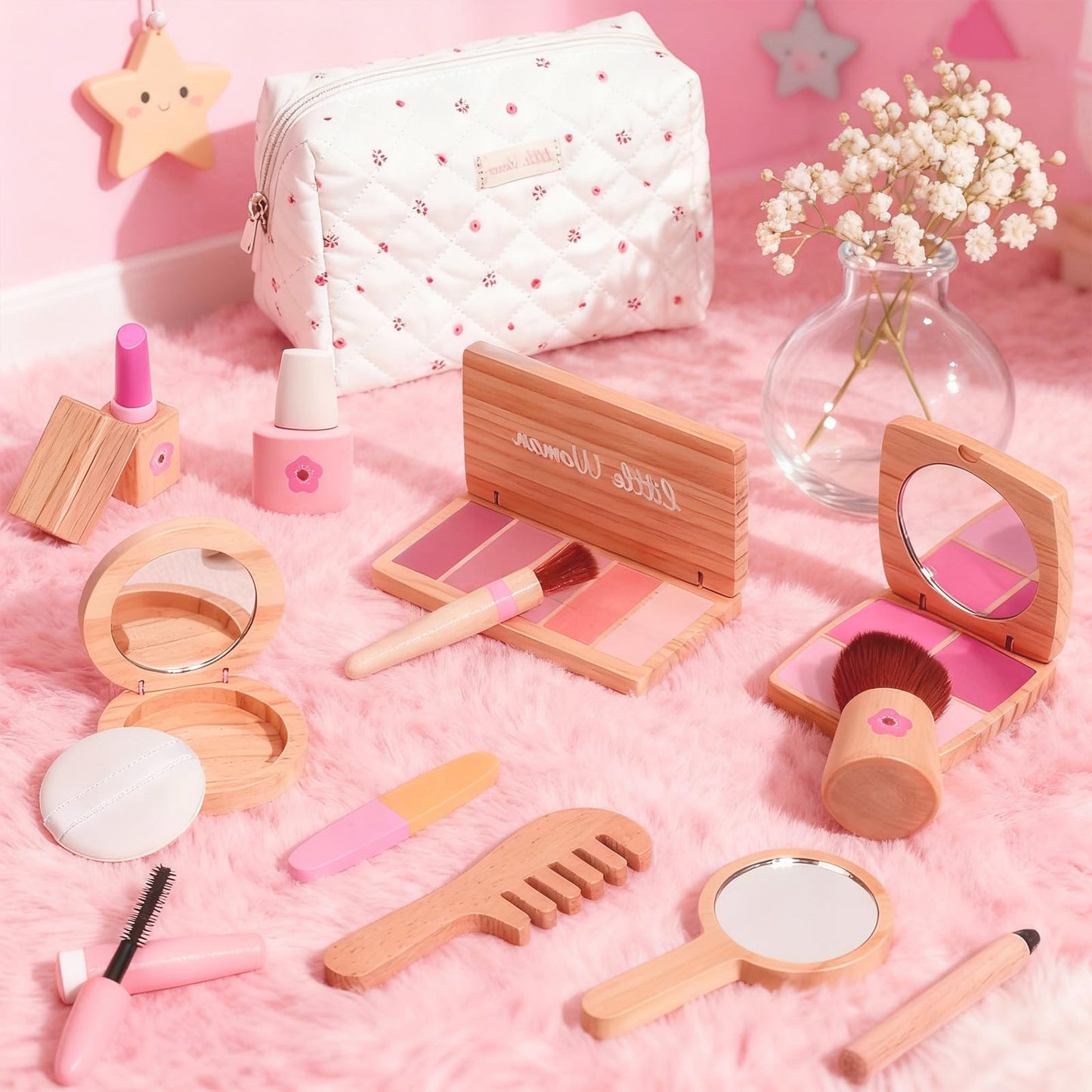Treasdamic Wooden Makeup Toy Set for Girls - Pretend Play Kit for Toddlers 3-8 (Eyeshadow, Mascara, Perfume, Blush, Mirror, Bag)