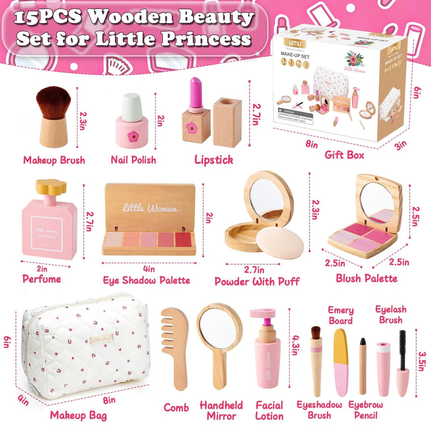 Treasdamic Wooden Makeup Toy Set for Girls - Pretend Play Kit for Toddlers 3-8 (Eyeshadow, Mascara, Perfume, Blush, Mirror, Bag)