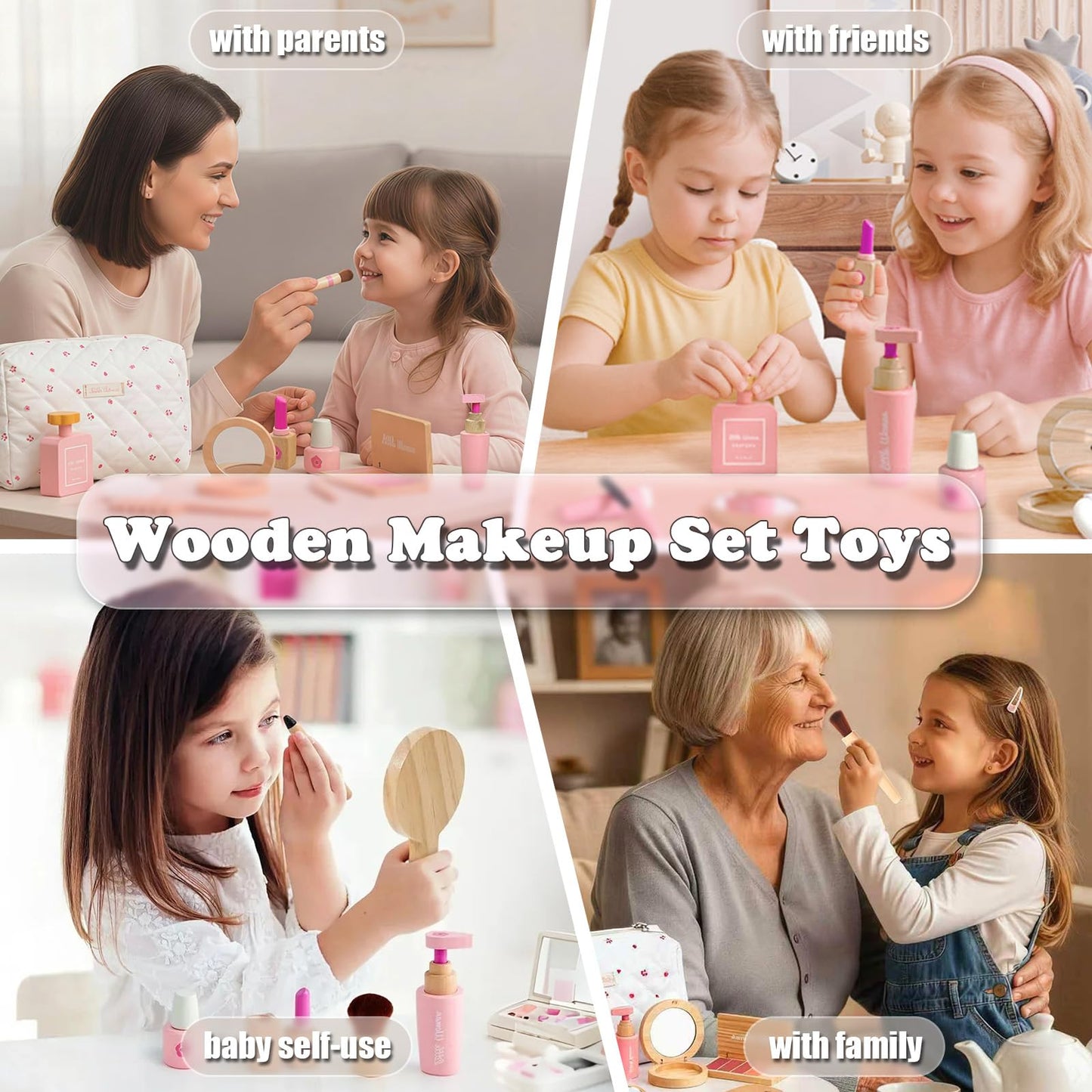 Treasdamic Wooden Makeup Toy Set for Girls - Pretend Play Kit for Toddlers 3-8 (Eyeshadow, Mascara, Perfume, Blush, Mirror, Bag)