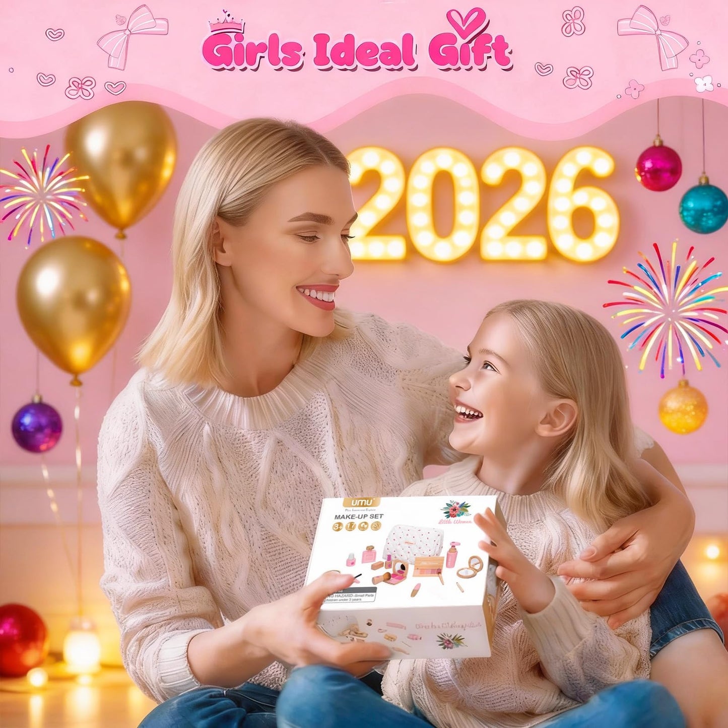 Treasdamic Wooden Makeup Toy Set for Girls - Pretend Play Kit for Toddlers 3-8 (Eyeshadow, Mascara, Perfume, Blush, Mirror, Bag)