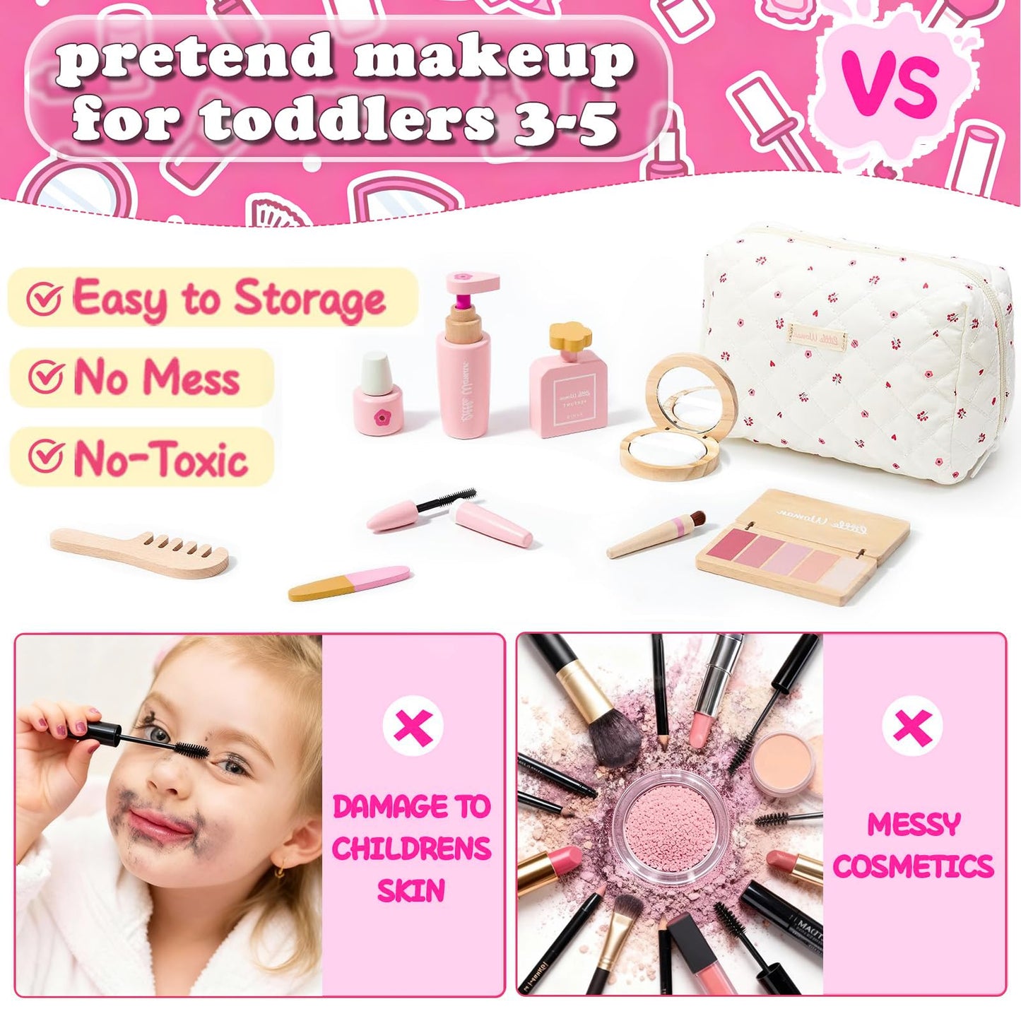 Treasdamic Wooden Makeup Toy Set for Girls - Pretend Play Kit for Toddlers 3-8 (Eyeshadow, Mascara, Perfume, Blush, Mirror, Bag)