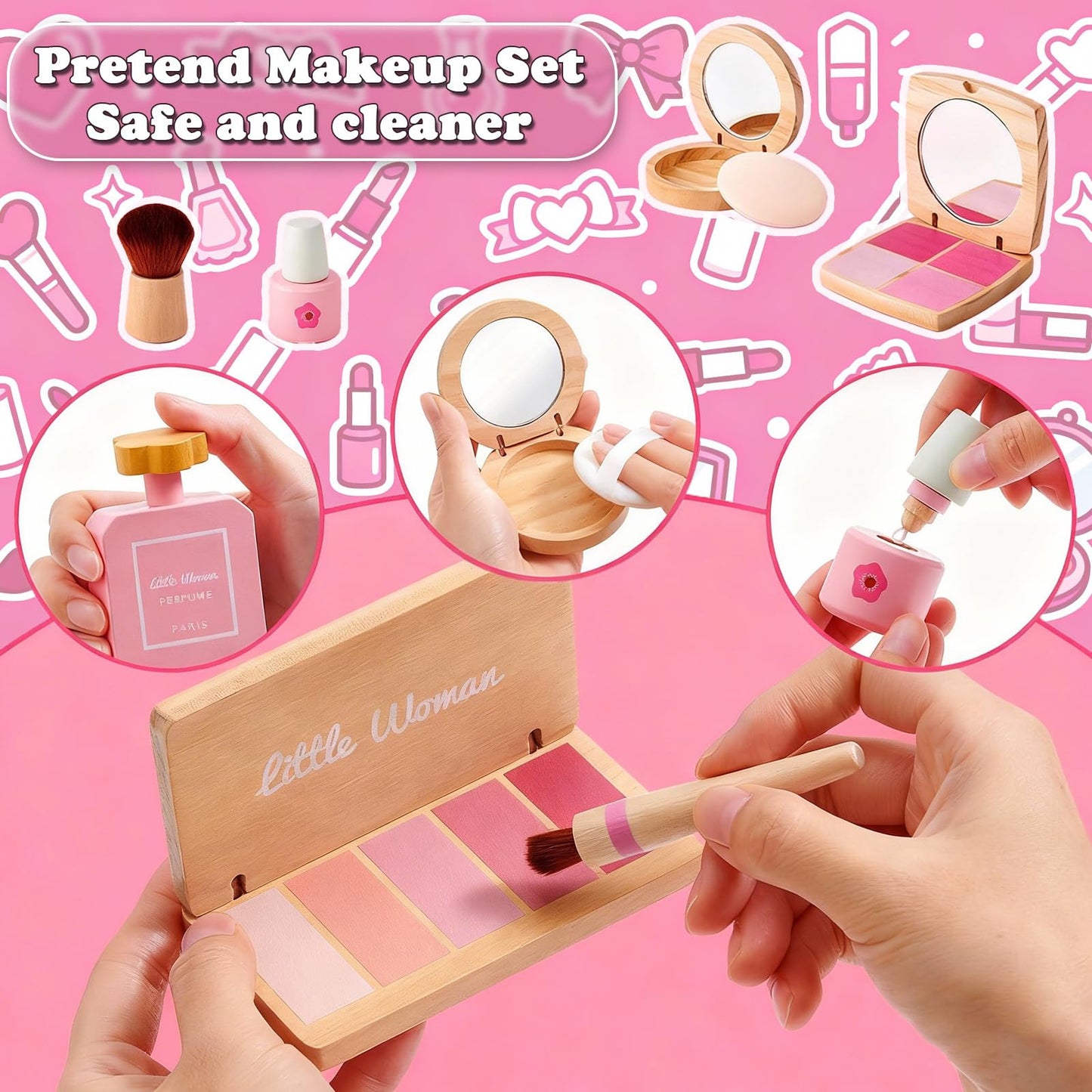Treasdamic Wooden Makeup Toy Set for Girls - Pretend Play Kit for Toddlers 3-8 (Eyeshadow, Mascara, Perfume, Blush, Mirror, Bag)