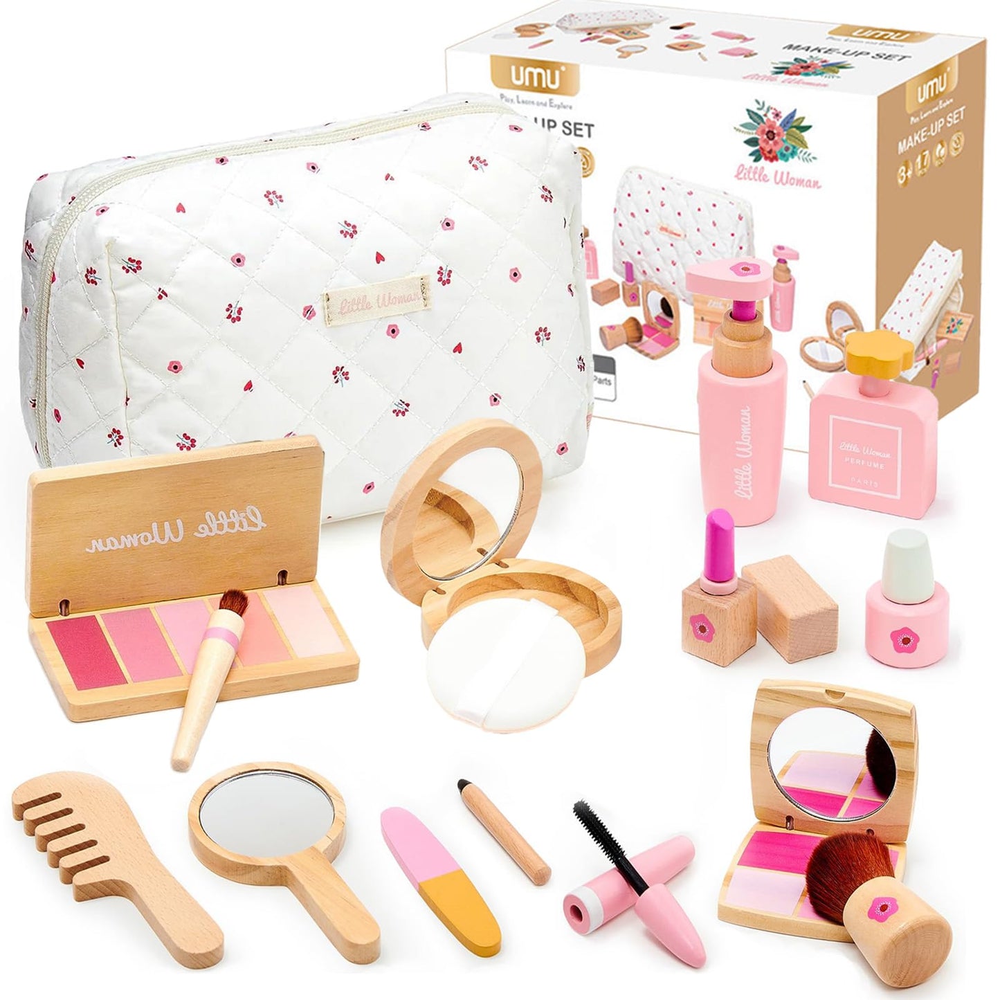 Treasdamic Wooden Makeup Toy Set for Girls - Pretend Play Kit for Toddlers 3-8 (Eyeshadow, Mascara, Perfume, Blush, Mirror, Bag)