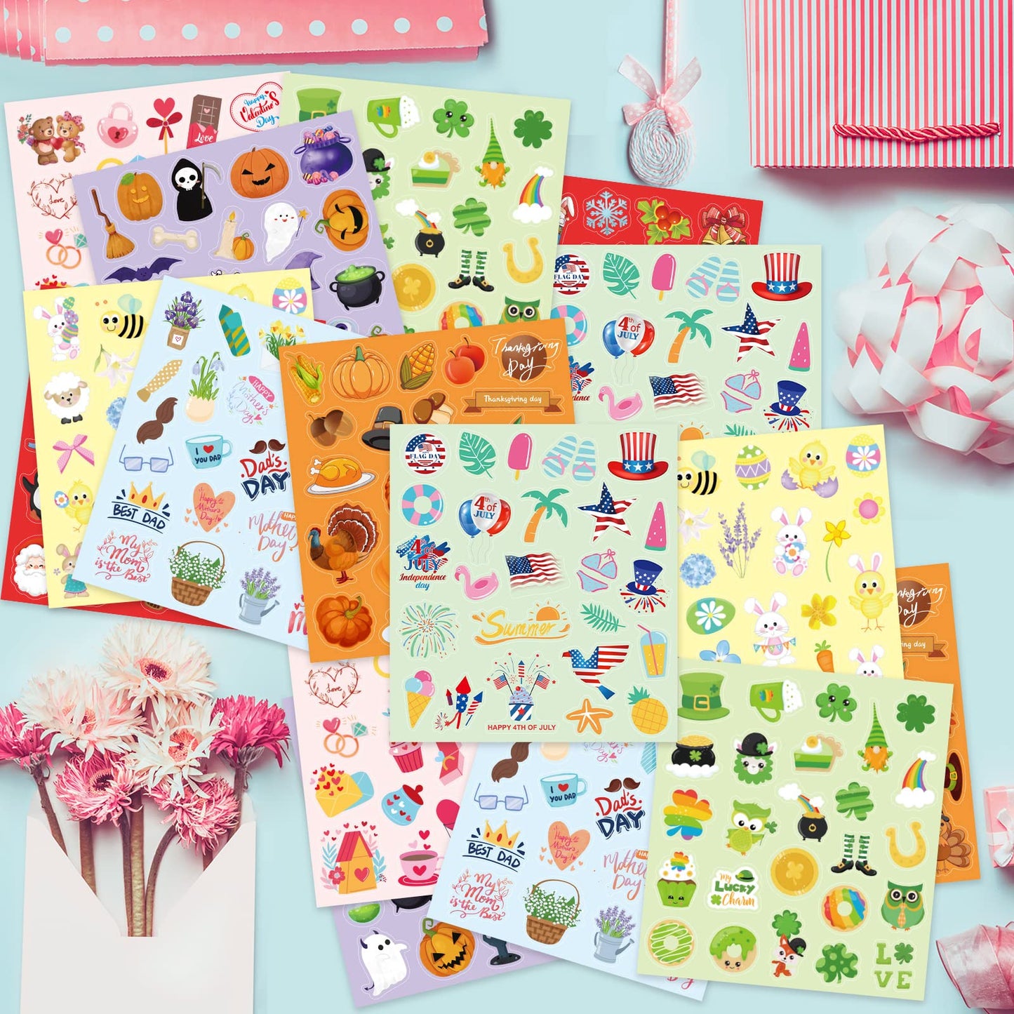 Treasure Cove Holiday Stickers Assortment | 16 Sheets, 400 Pcs for Kids Crafts & Party Decor