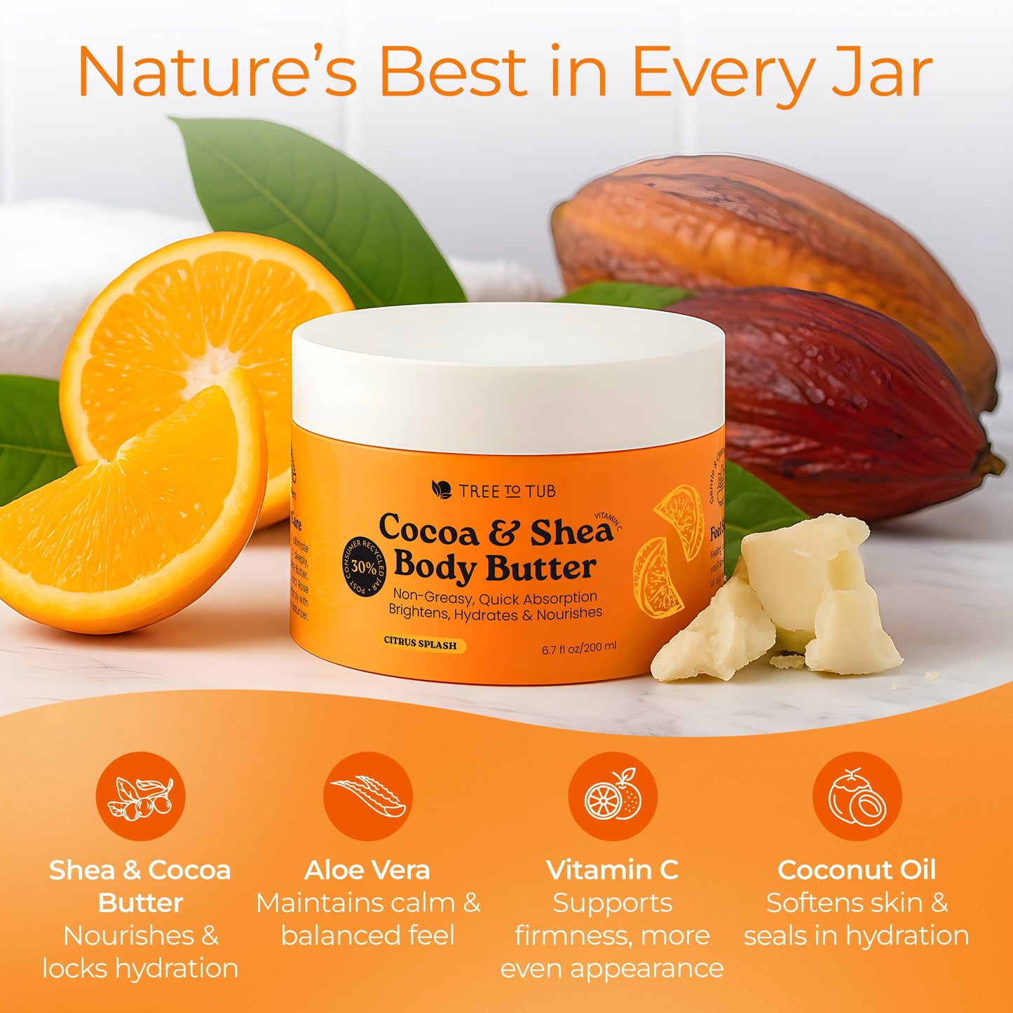 Tree to Tub Shea Body Butter for Dry Skin – Hydrating Cocoa Butter, Vitamin C, Citrus Scent