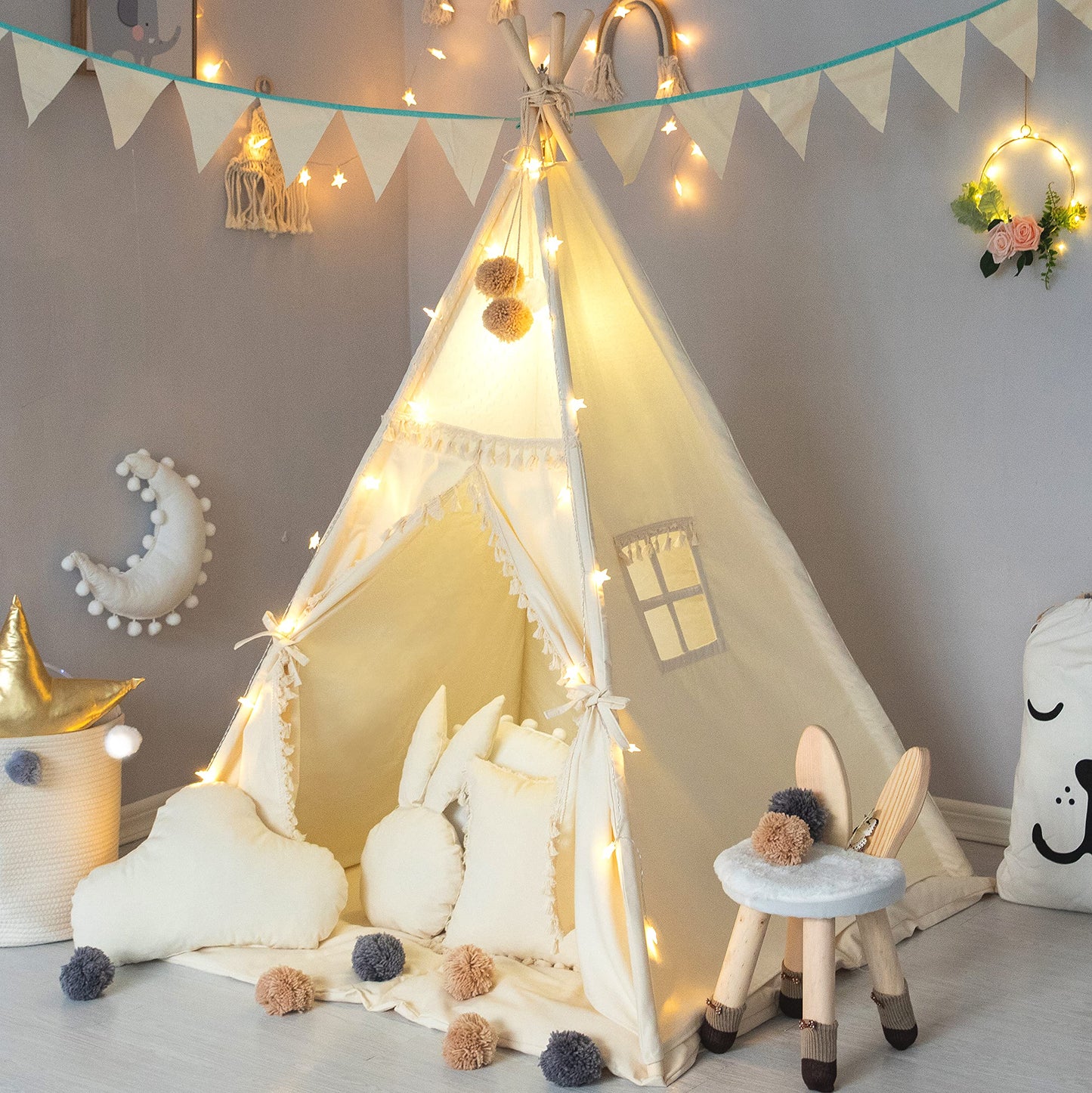 TreeBud Kids Teepee Tent with Padded Mat and Fairy Lights – Cozy Private Play Space