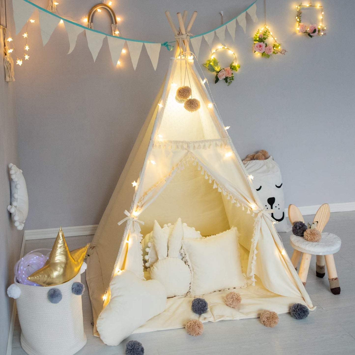 TreeBud Kids Teepee Tent with Padded Mat and Fairy Lights – Cozy Private Play Space