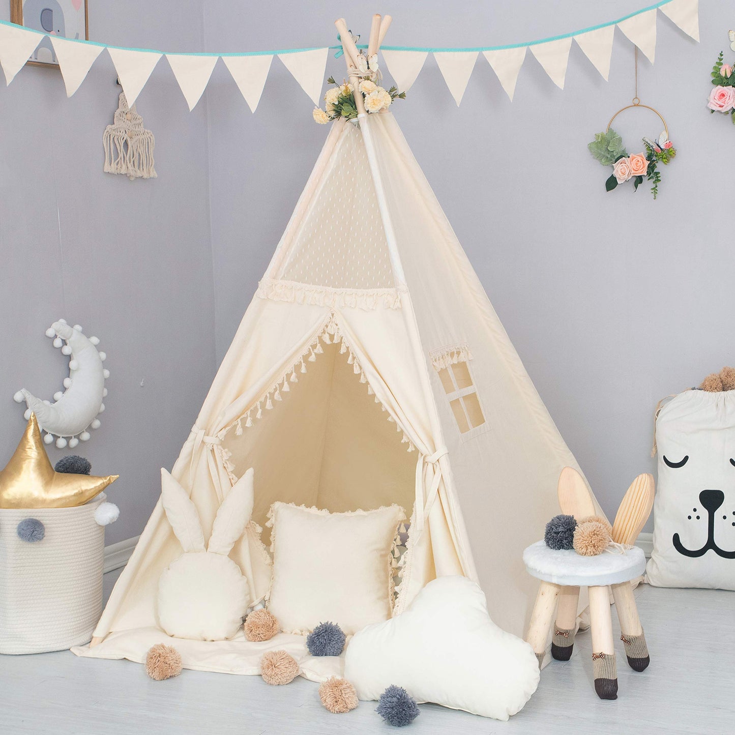 TreeBud Kids Teepee Tent with Padded Mat and Fairy Lights – Cozy Private Play Space