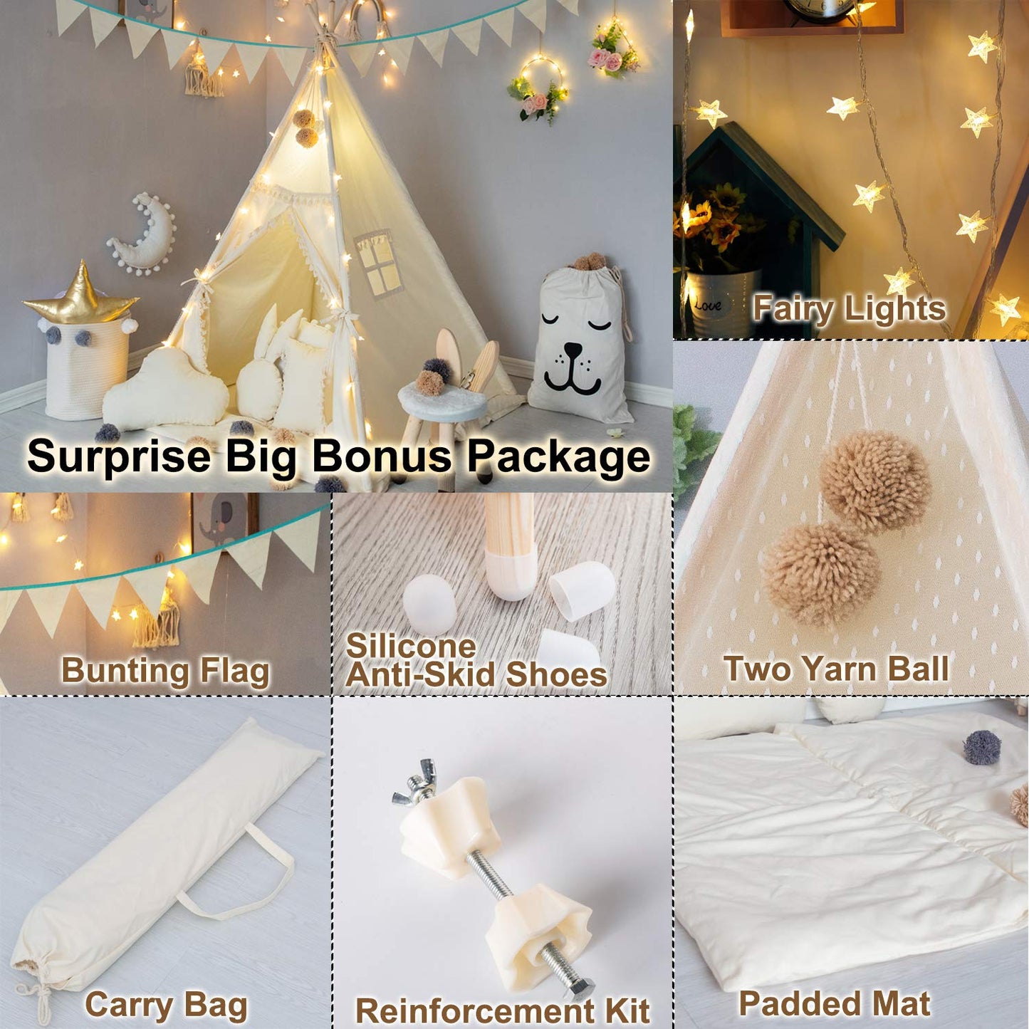 TreeBud Kids Teepee Tent with Padded Mat and Fairy Lights – Cozy Private Play Space