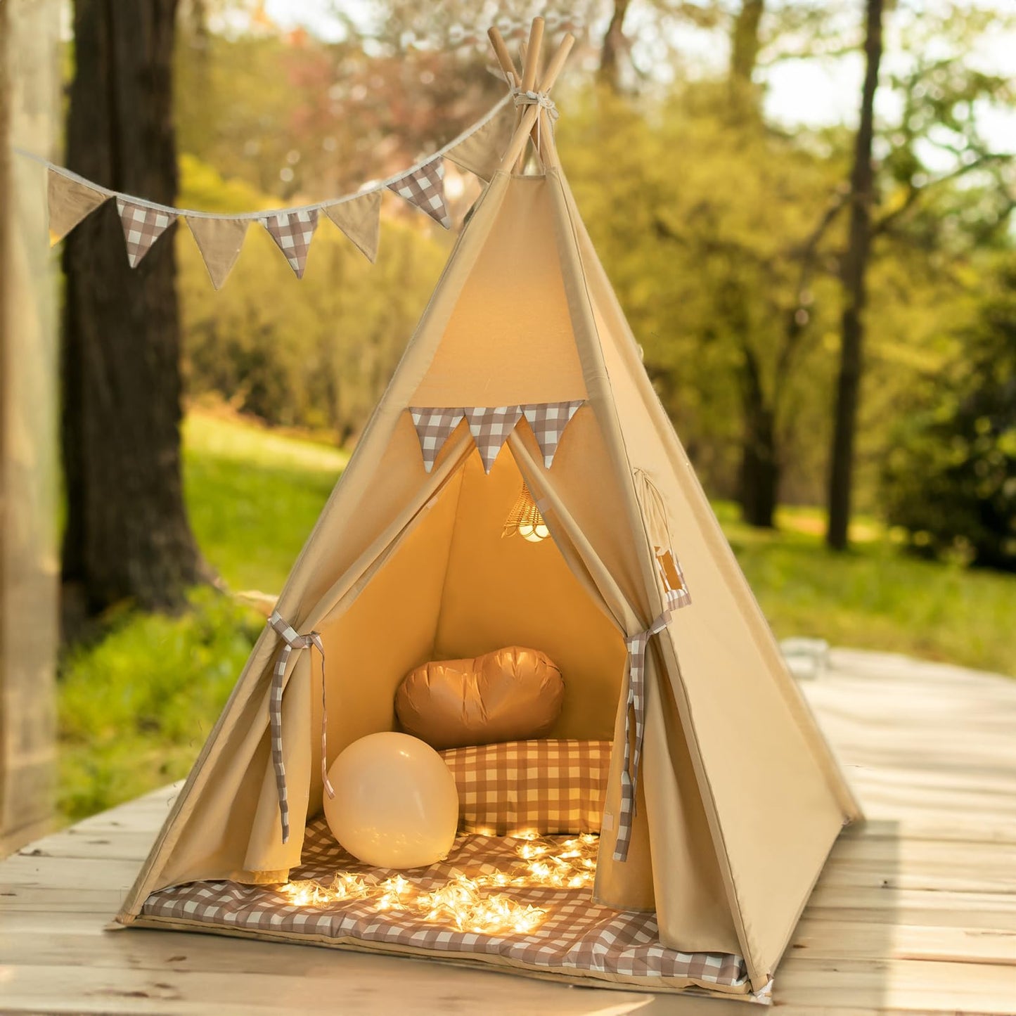 TreeBud Teepee Tent with Padded Mat, Bunting & Fairy Lights – Gingham Kids Play Tent for Indoor & Outdoor