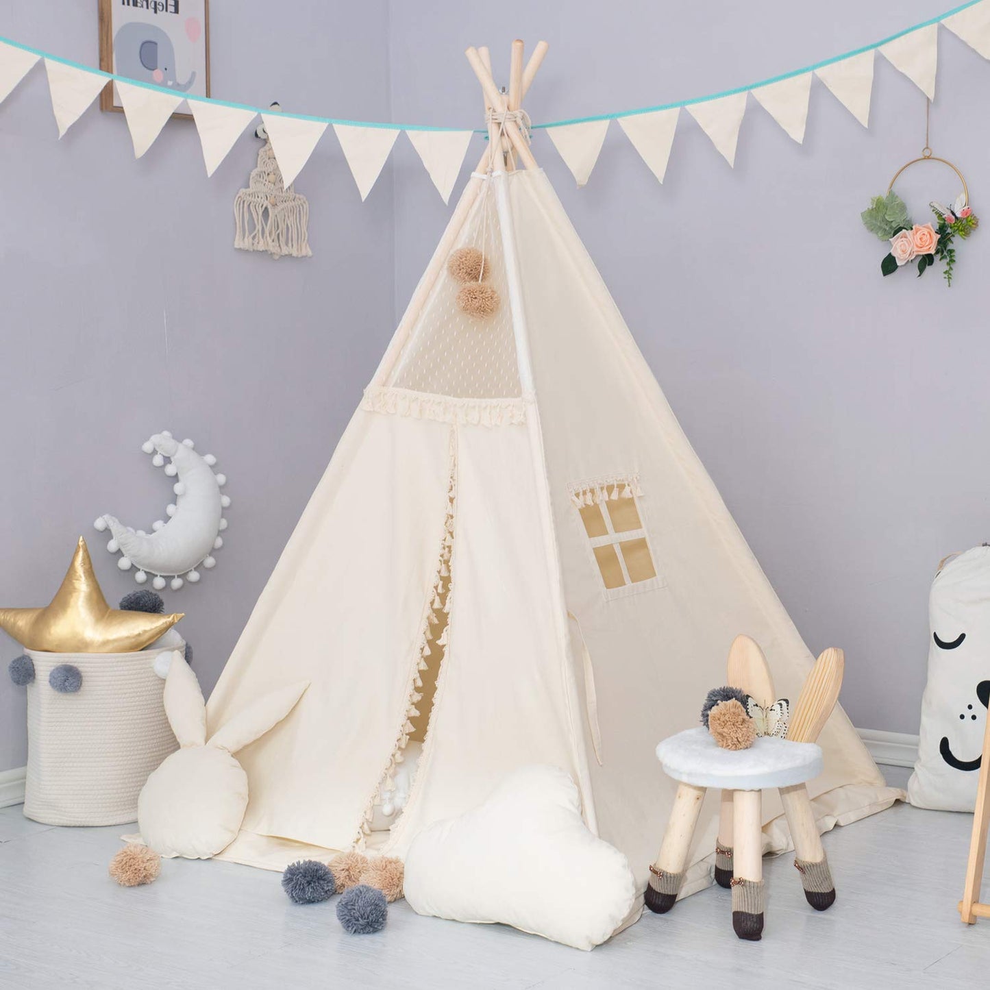 TreeBud Kids Teepee Tent with Padded Mat and Fairy Lights – Cozy Private Play Space