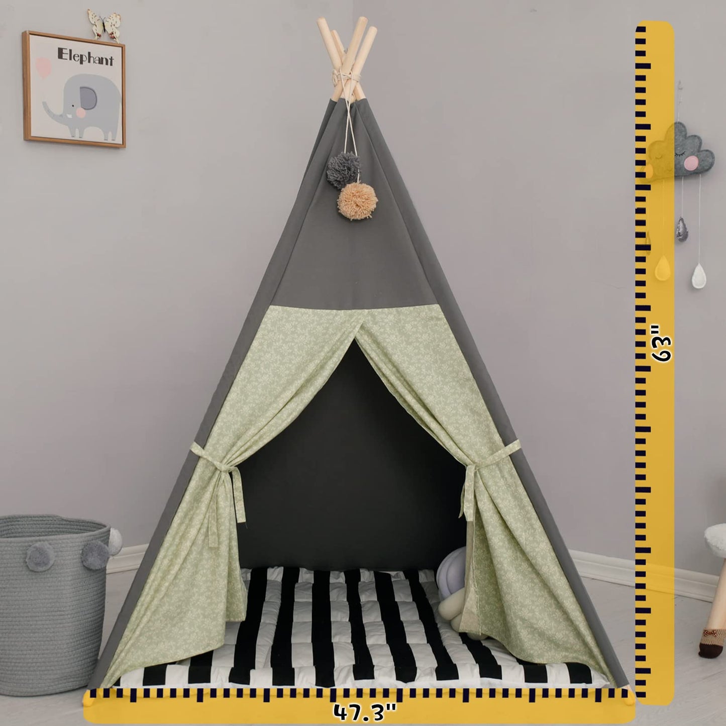 TreeBud Teepee Tent for Kids – Stripe Padded Mat, Foldable Wooden Pole Tepee Playhouse