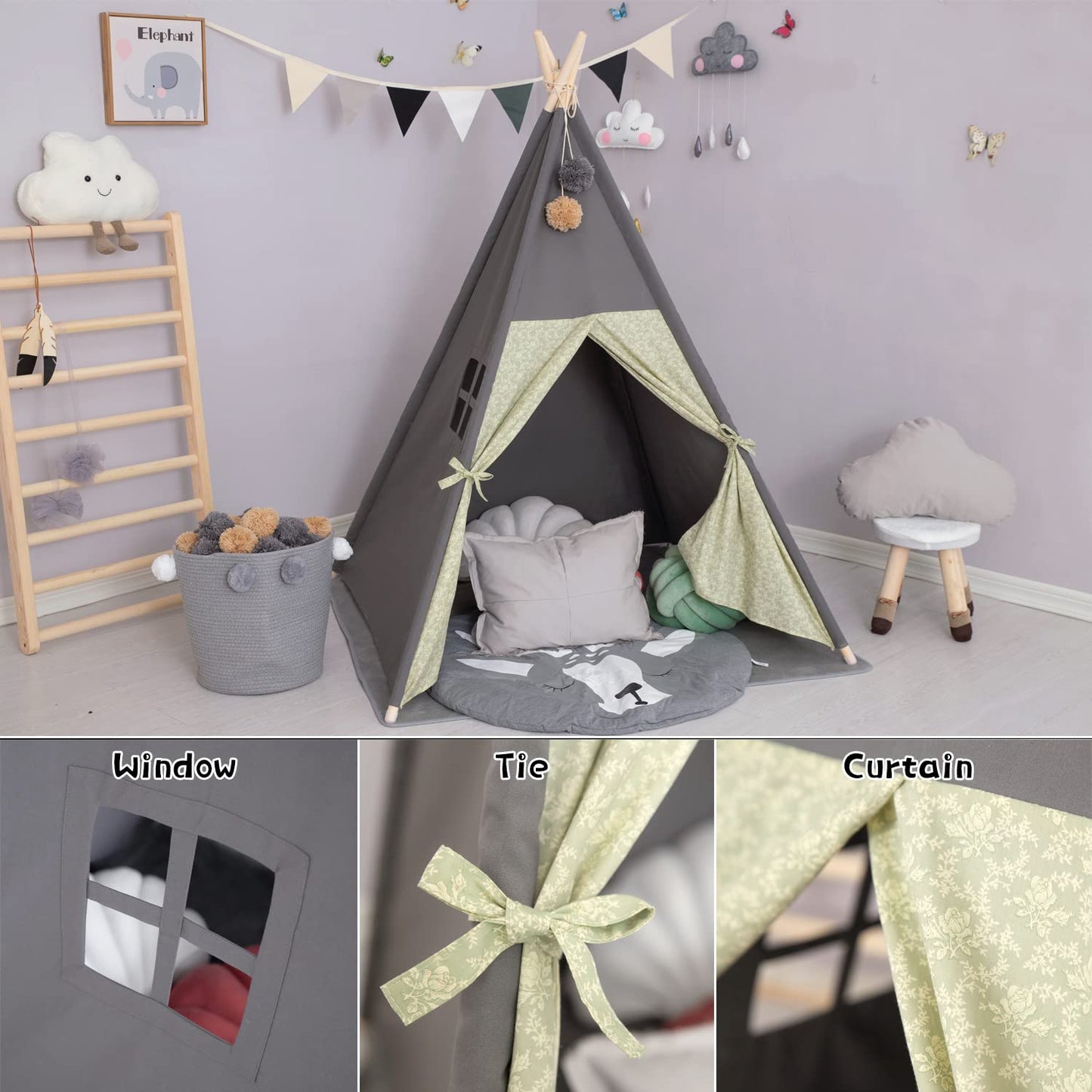 TreeBud Teepee Tent for Kids – Stripe Padded Mat, Foldable Wooden Pole Tepee Playhouse