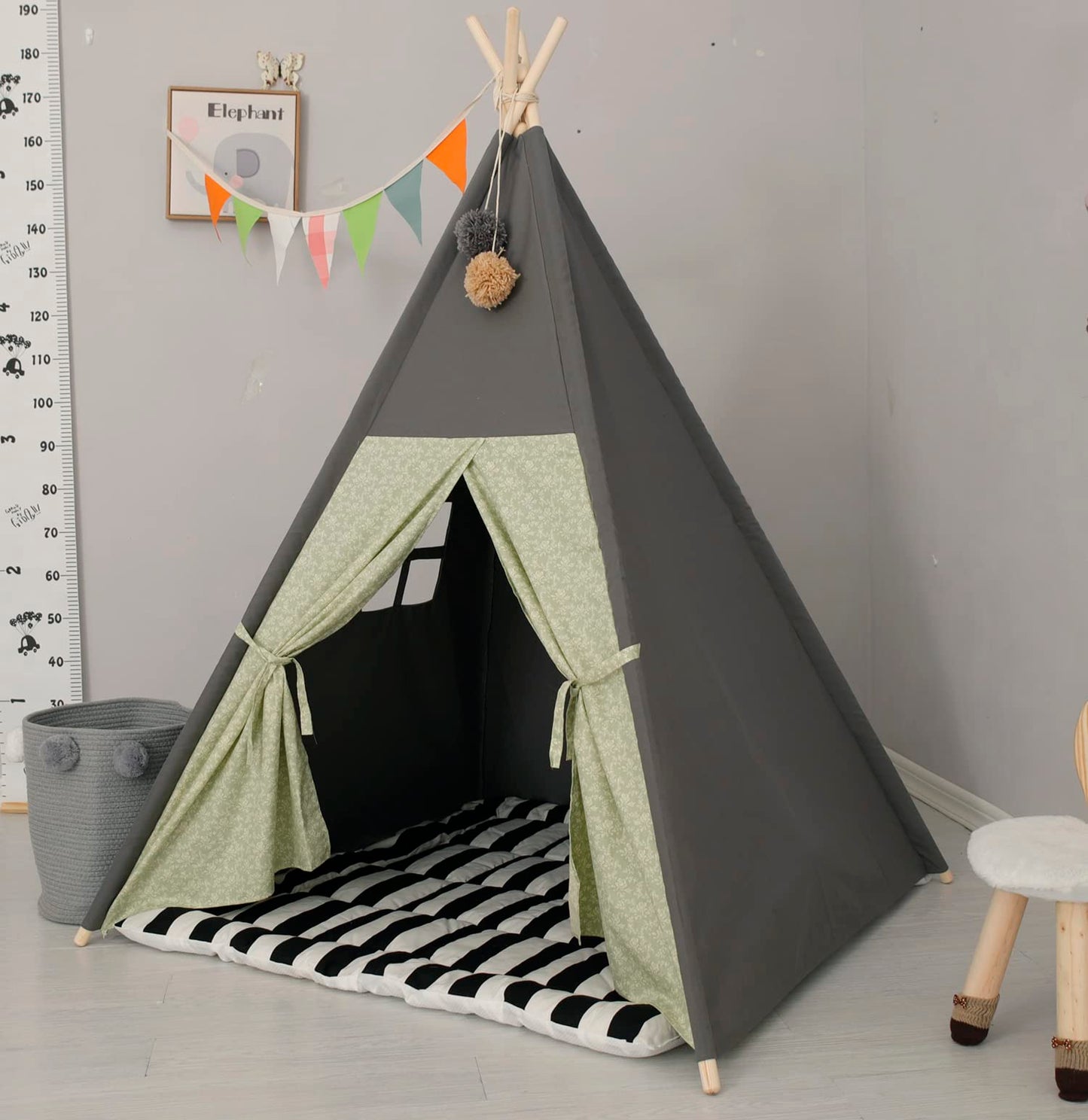 TreeBud Teepee Tent for Kids – Stripe Padded Mat, Foldable Wooden Pole Tepee Playhouse
