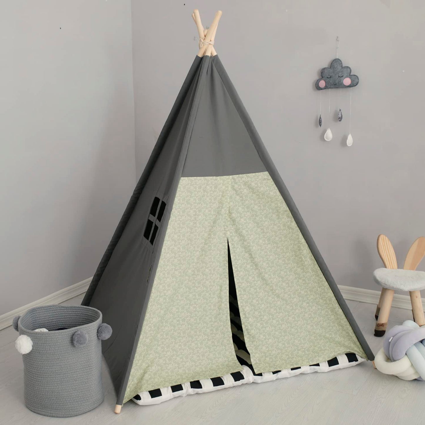TreeBud Teepee Tent for Kids – Stripe Padded Mat, Foldable Wooden Pole Tepee Playhouse