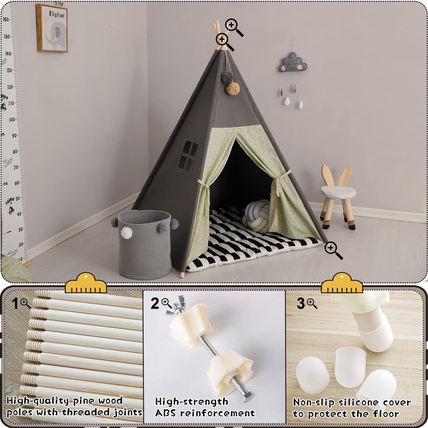TreeBud Teepee Tent for Kids – Stripe Padded Mat, Foldable Wooden Pole Tepee Playhouse