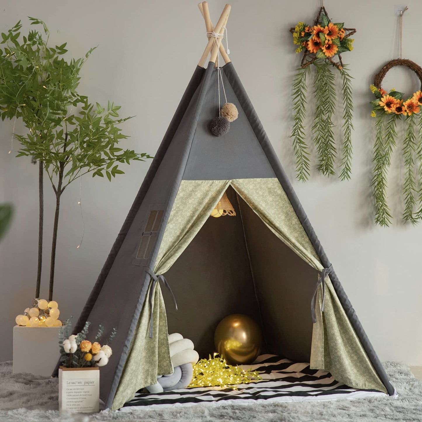 TreeBud Teepee Tent for Kids – Stripe Padded Mat, Foldable Wooden Pole Tepee Playhouse