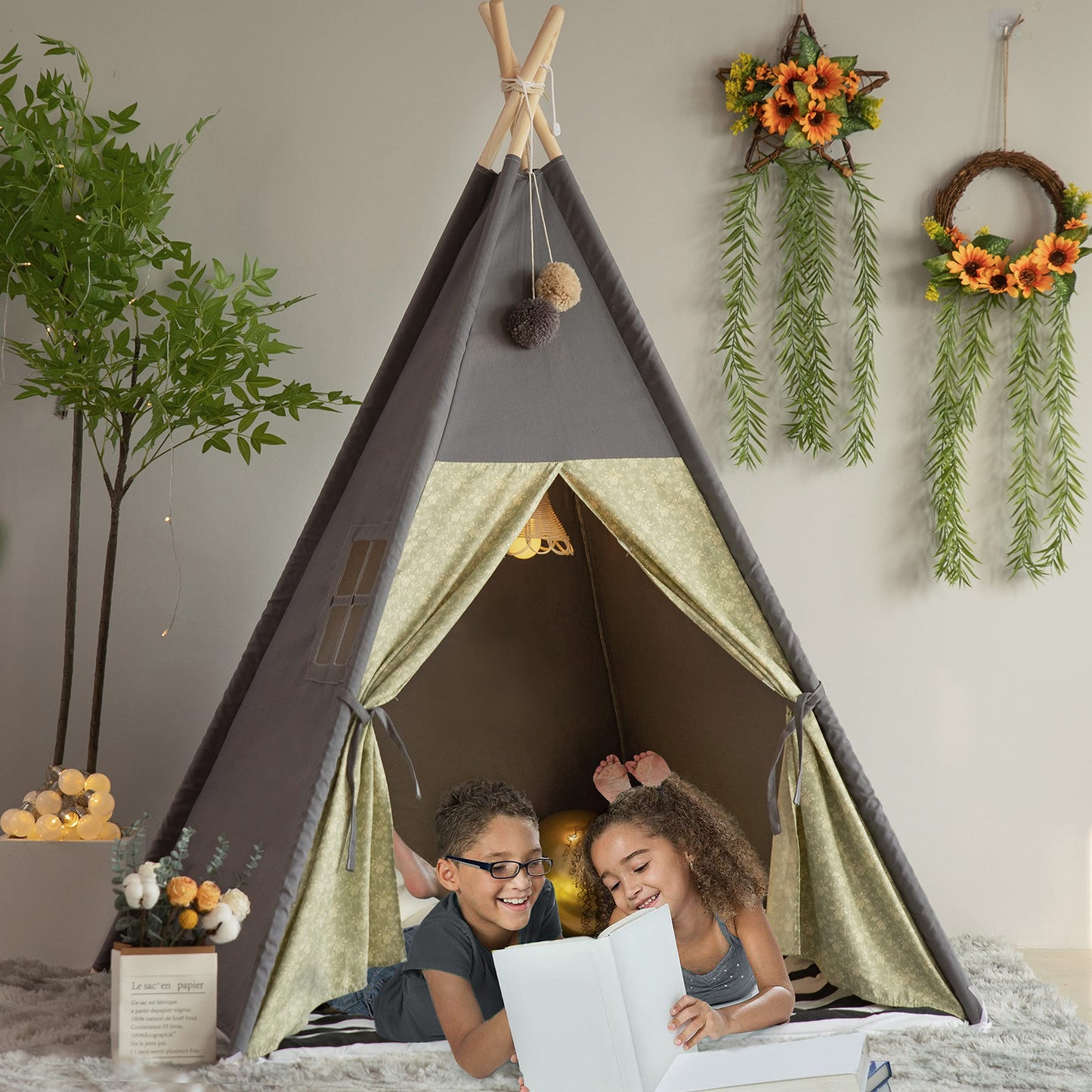 TreeBud Teepee Tent for Kids – Stripe Padded Mat, Foldable Wooden Pole Tepee Playhouse