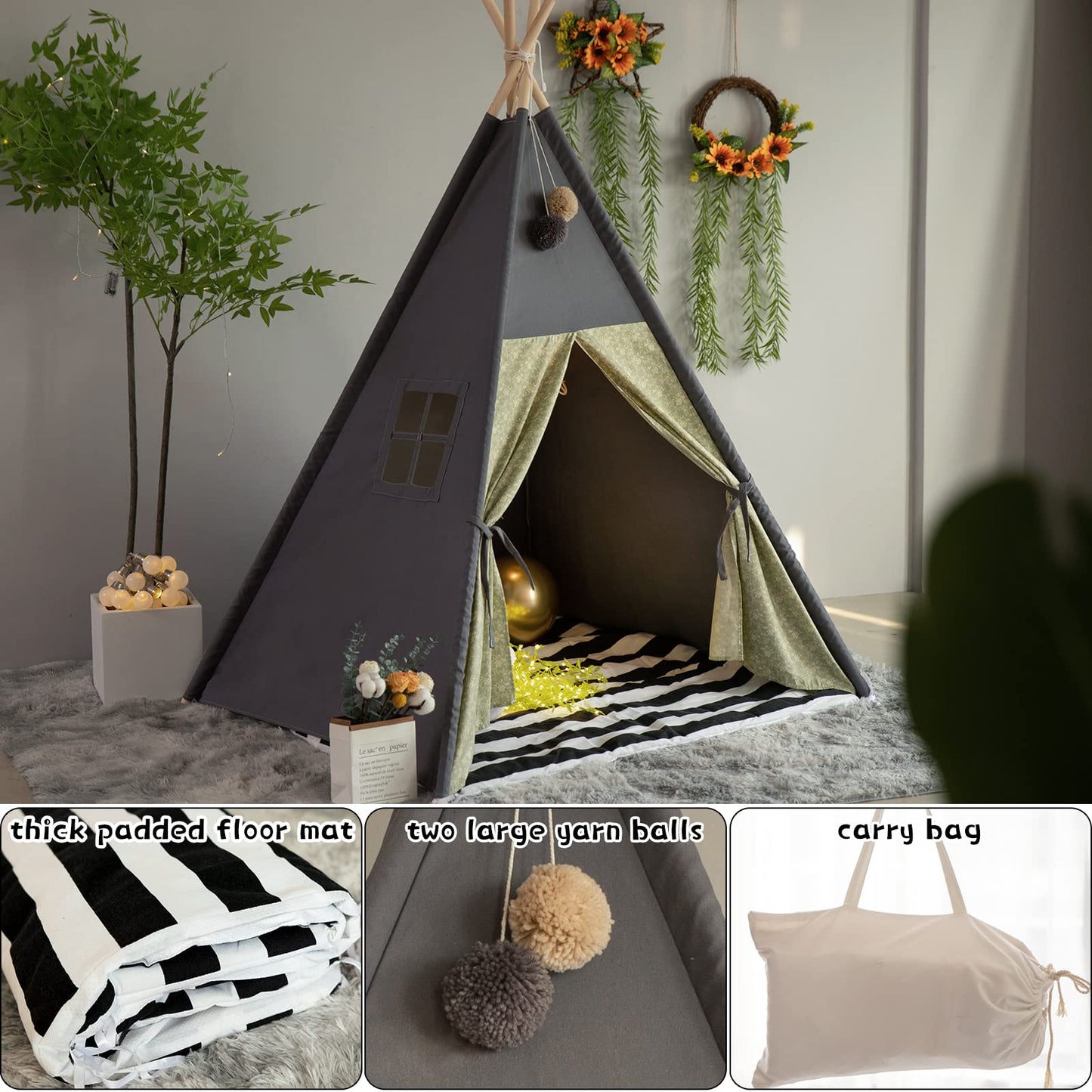 TreeBud Teepee Tent for Kids – Stripe Padded Mat, Foldable Wooden Pole Tepee Playhouse