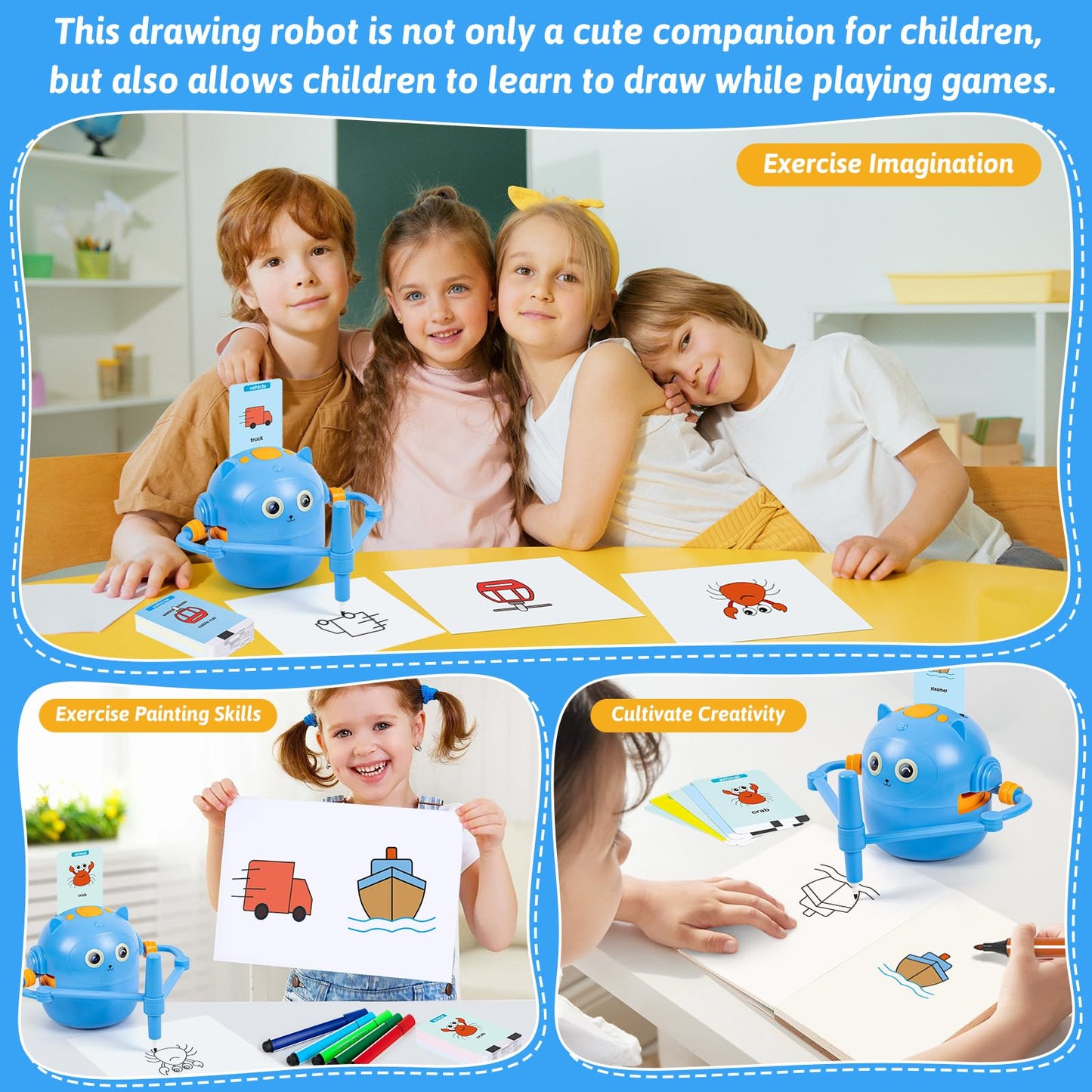 TREEFIA Drawing Robot for Kids – Interactive Educational Toy with 100 Cards & 16 Pens (Blue) | Ages 3+