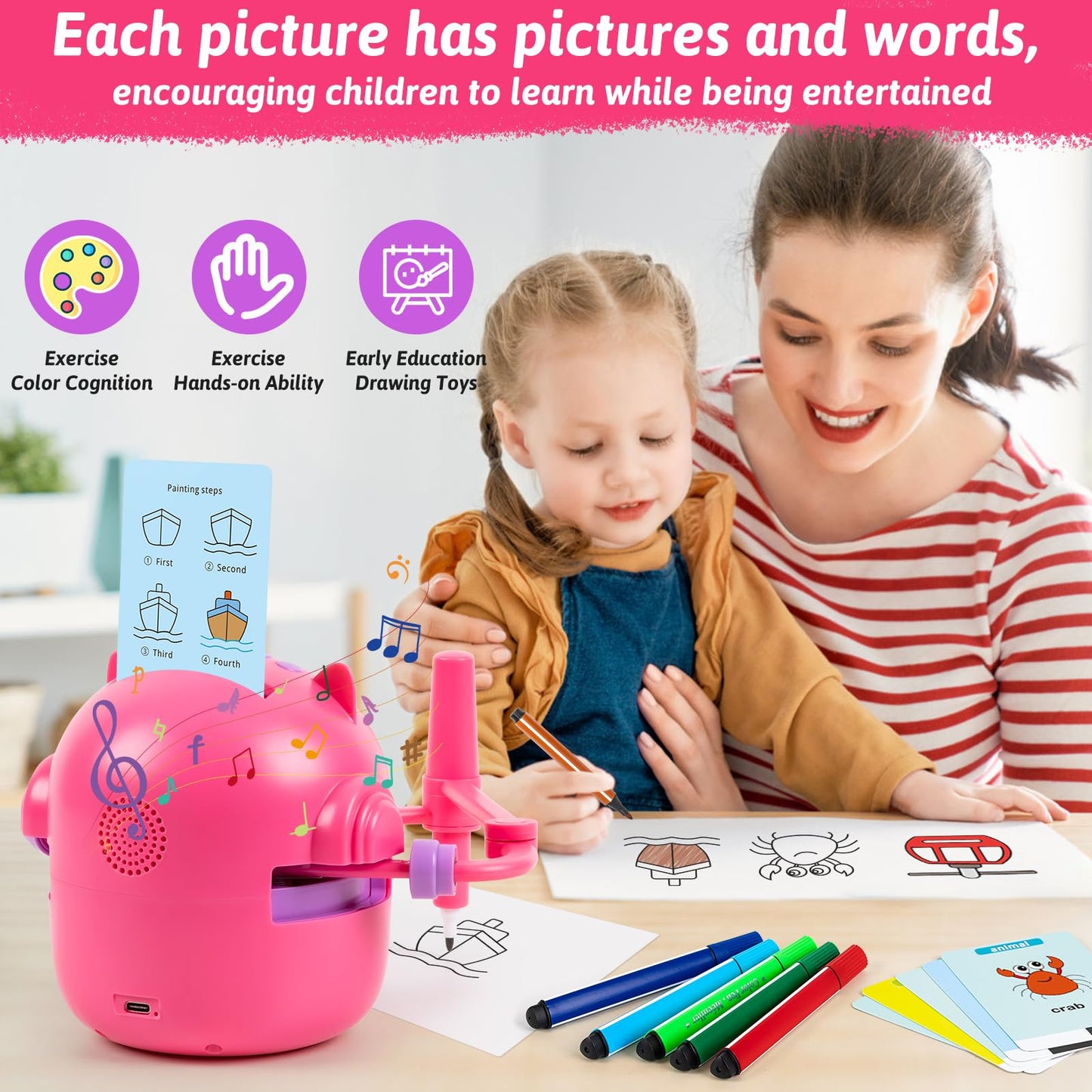 TREEFIA Drawing Robot for Kids – Doodle Bot with 100 Word Cards & 16 Color Pens