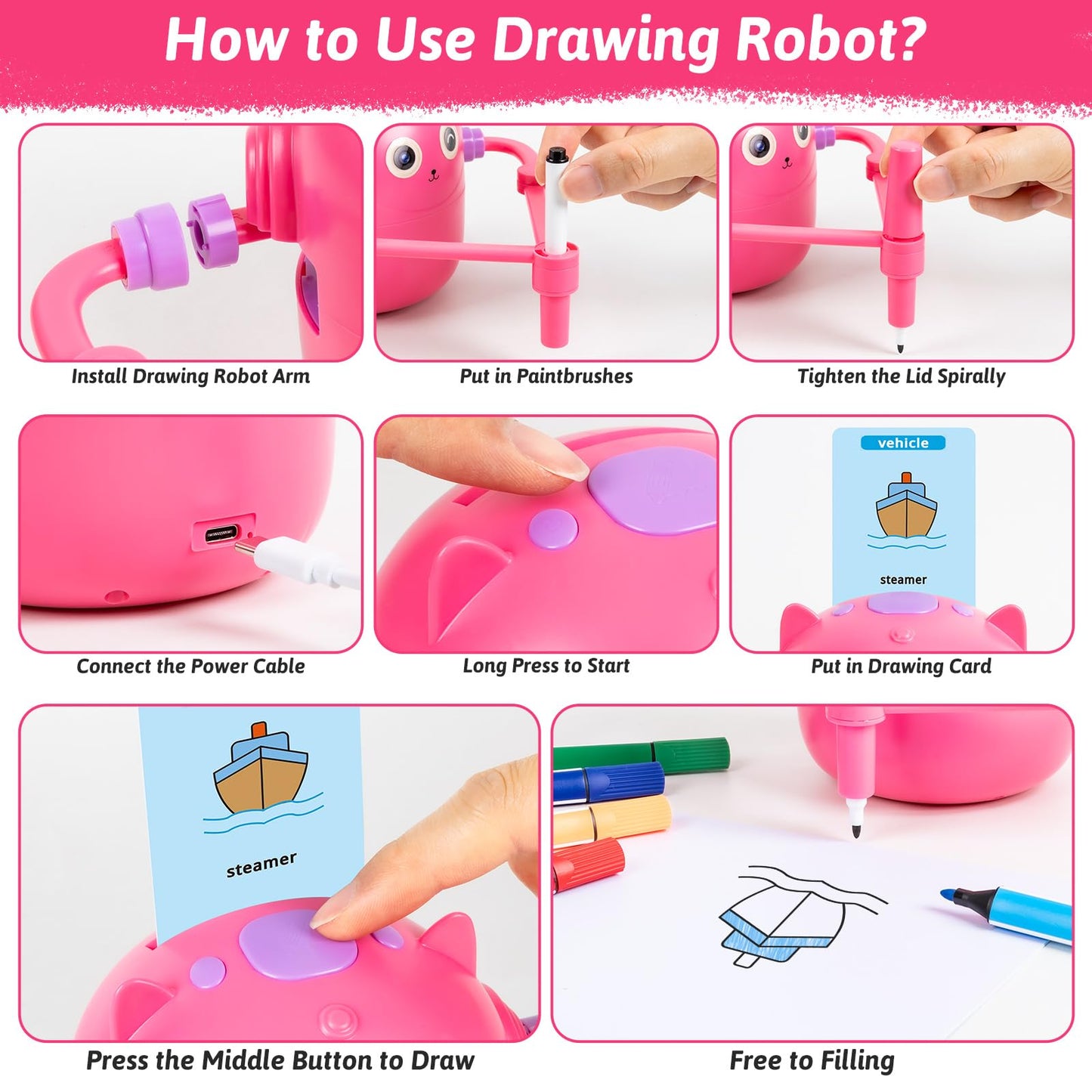 TREEFIA Drawing Robot for Kids – Doodle Bot with 100 Word Cards & 16 Color Pens