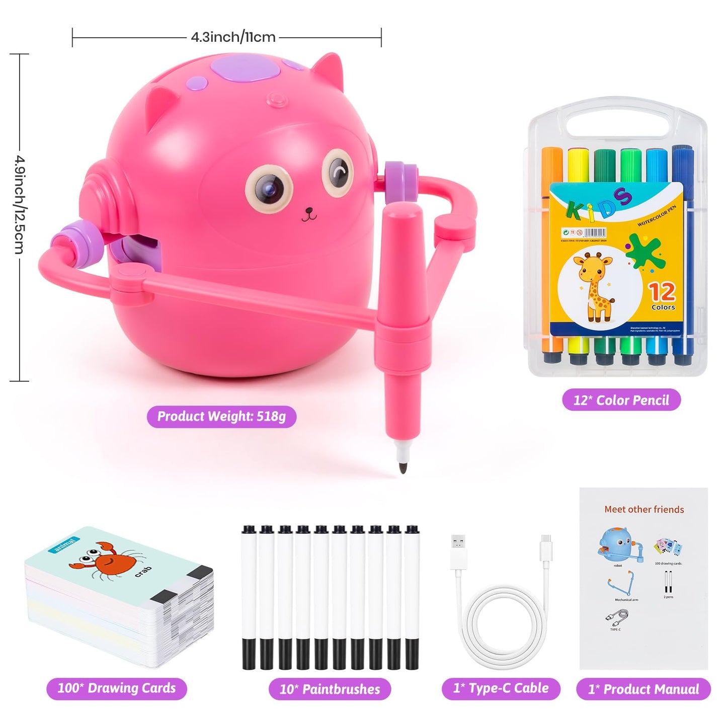 TREEFIA Drawing Robot for Kids – Doodle Bot with 100 Word Cards & 16 Color Pens