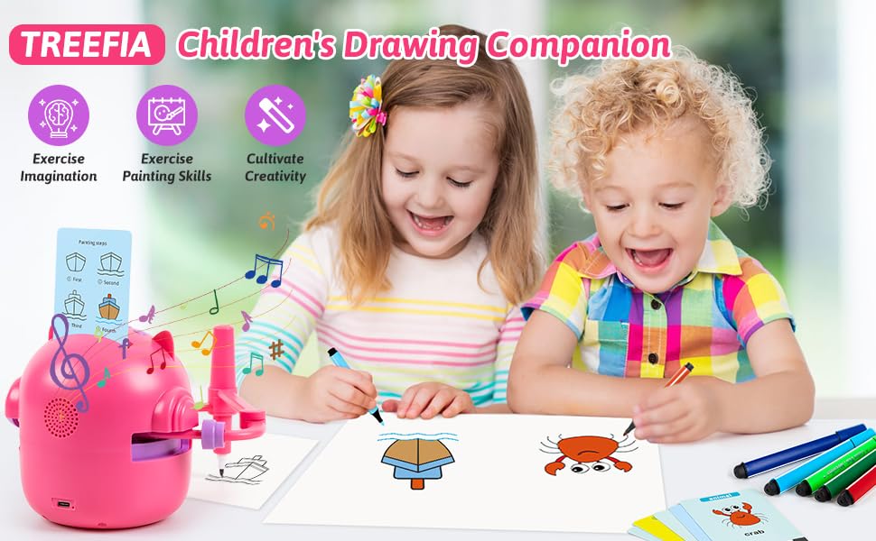 TREEFIA Drawing Robot for Kids – Doodle Bot with 100 Word Cards & 16 Color Pens