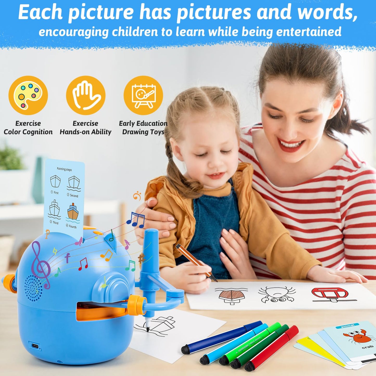 TREEFIA Drawing Robot for Kids – Interactive Educational Toy with 100 Cards & 16 Pens (Blue) | Ages 3+