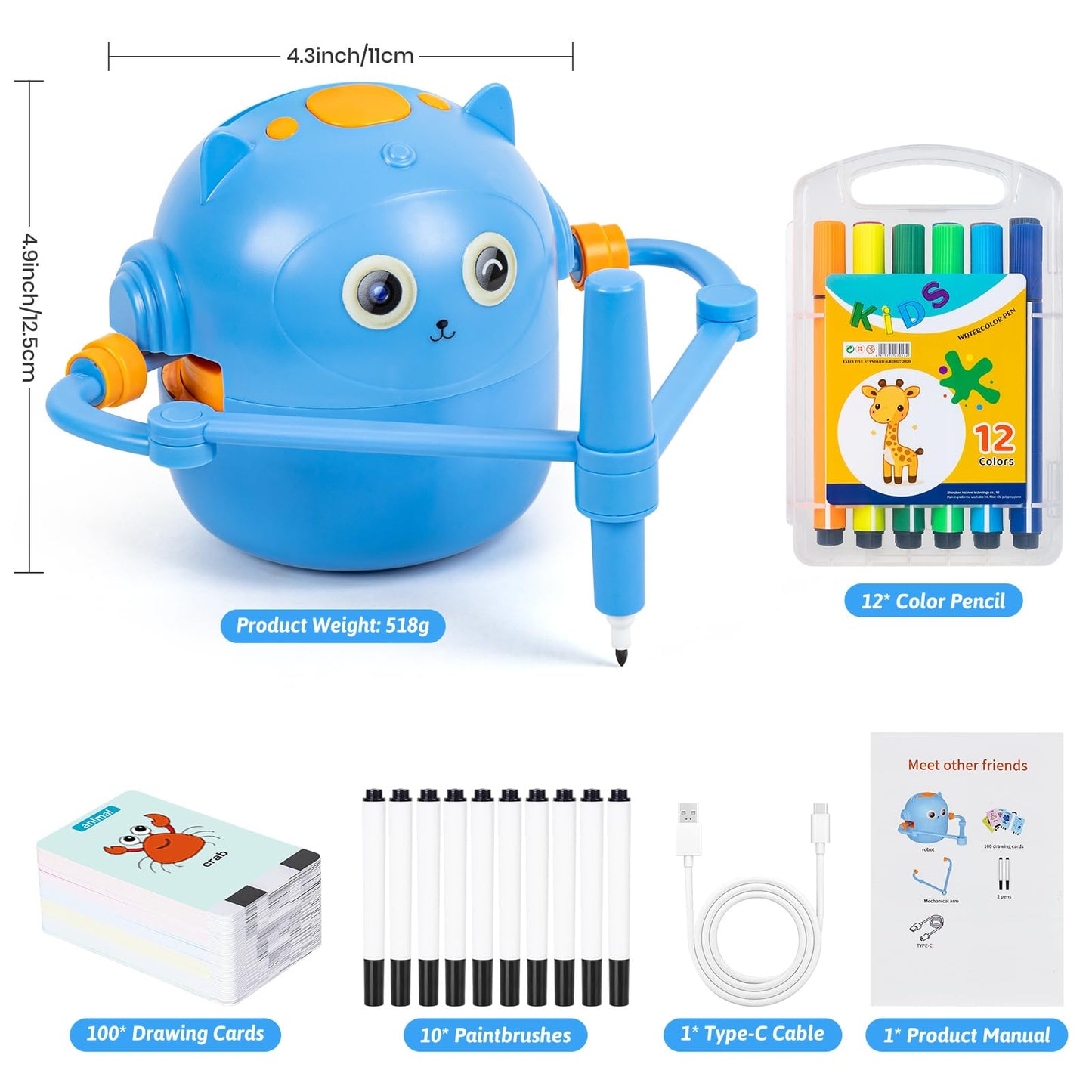 TREEFIA Drawing Robot for Kids – Interactive Educational Toy with 100 Cards & 16 Pens (Blue) | Ages 3+