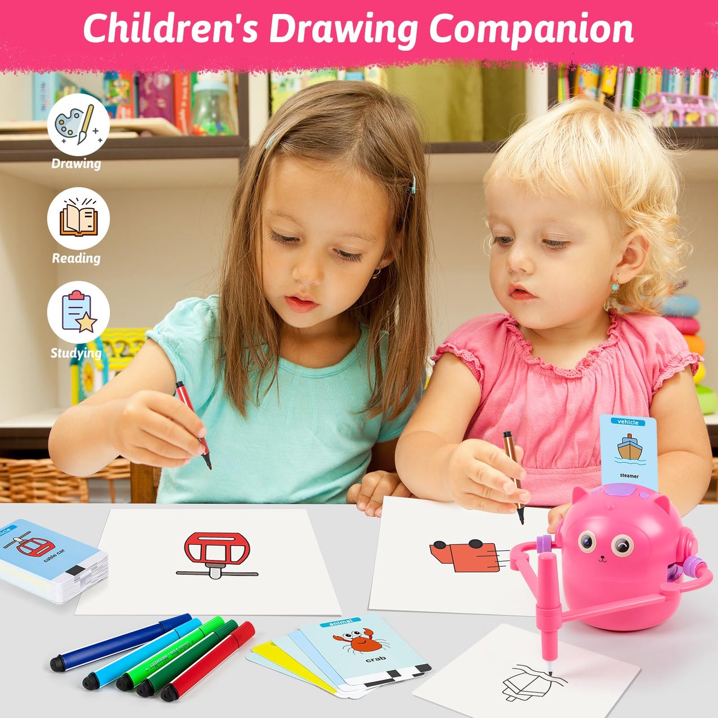 TREEFIA Drawing Robot for Kids – Doodle Bot with 100 Word Cards & 16 Color Pens