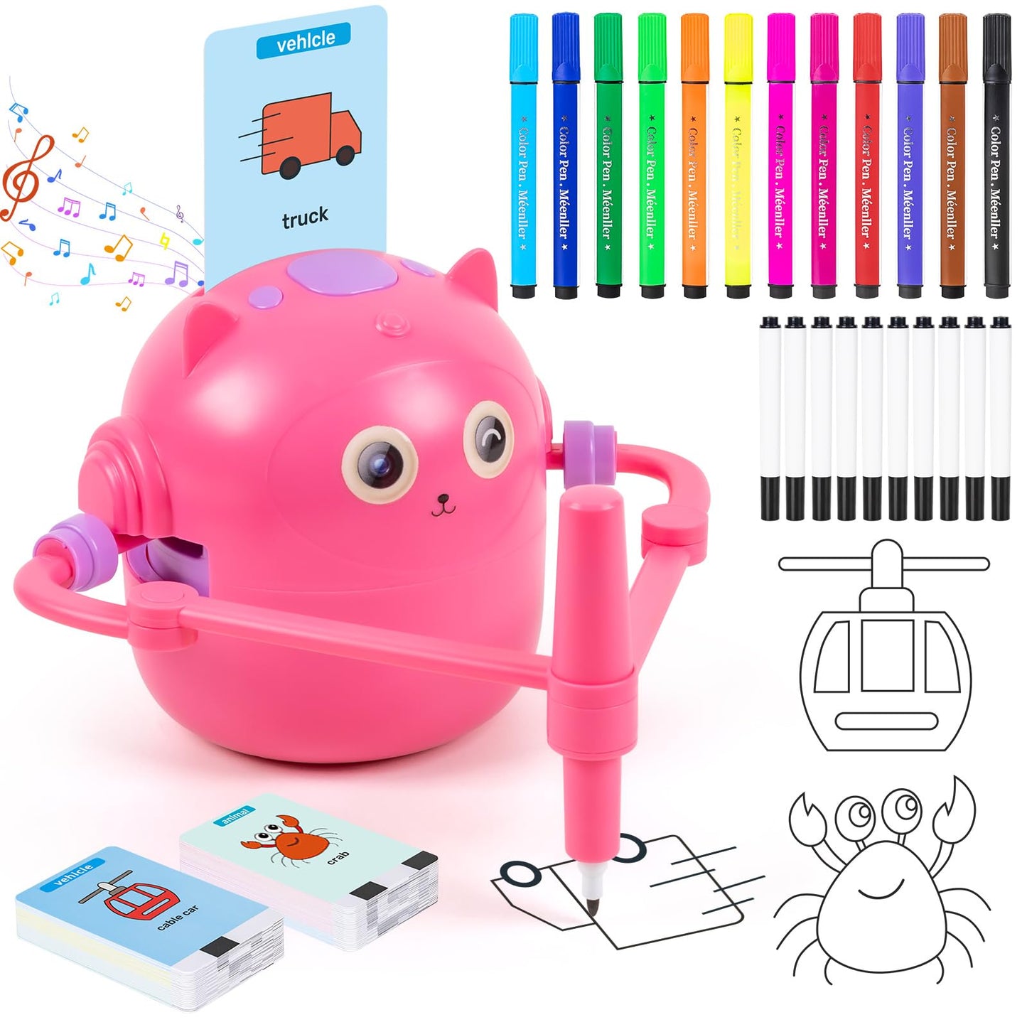TREEFIA Drawing Robot for Kids – Doodle Bot with 100 Word Cards & 16 Color Pens
