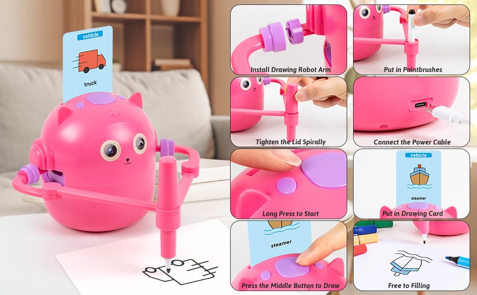 TREEFIA Drawing Robot for Kids – Doodle Bot with 100 Word Cards & 16 Color Pens
