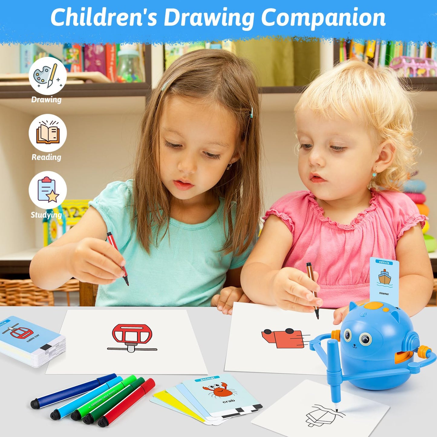 TREEFIA Drawing Robot for Kids – Interactive Educational Toy with 100 Cards & 16 Pens (Blue) | Ages 3+