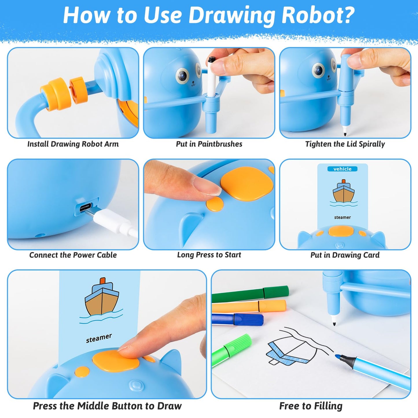 TREEFIA Drawing Robot for Kids – Interactive Educational Toy with 100 Cards & 16 Pens (Blue) | Ages 3+