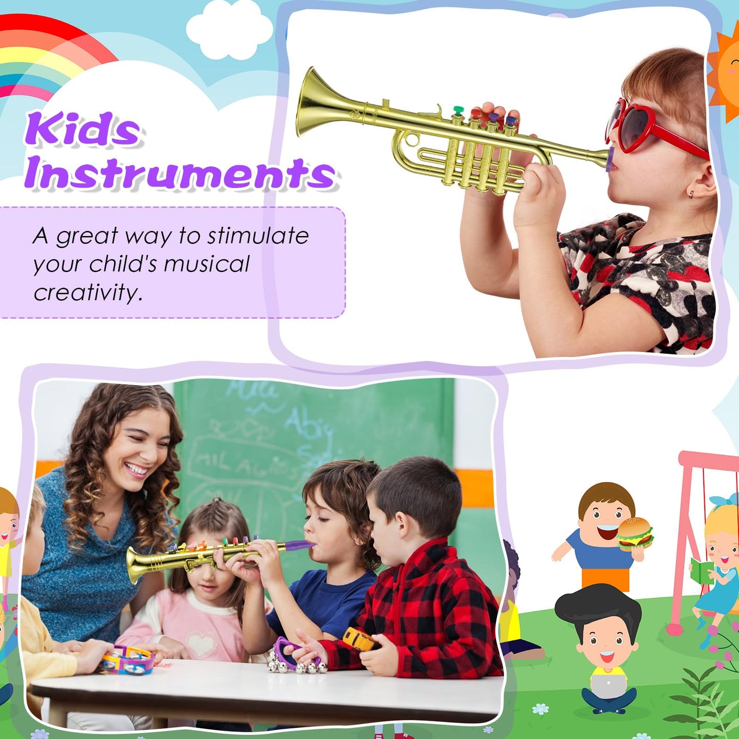 Treela 4-Piece Kids Instrument Set (Gold) – Toy Clarinet, Sax, Trumpet & Horn