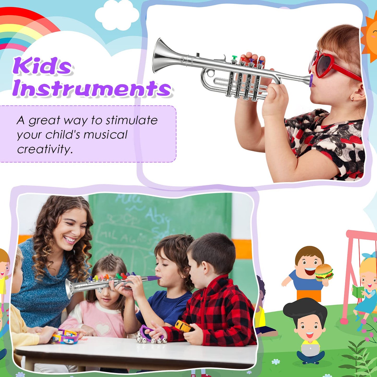 Treela 4-Piece Kids Toy Instrument Set – Clarinet, Sax, Trumpet & Horn (Silver)