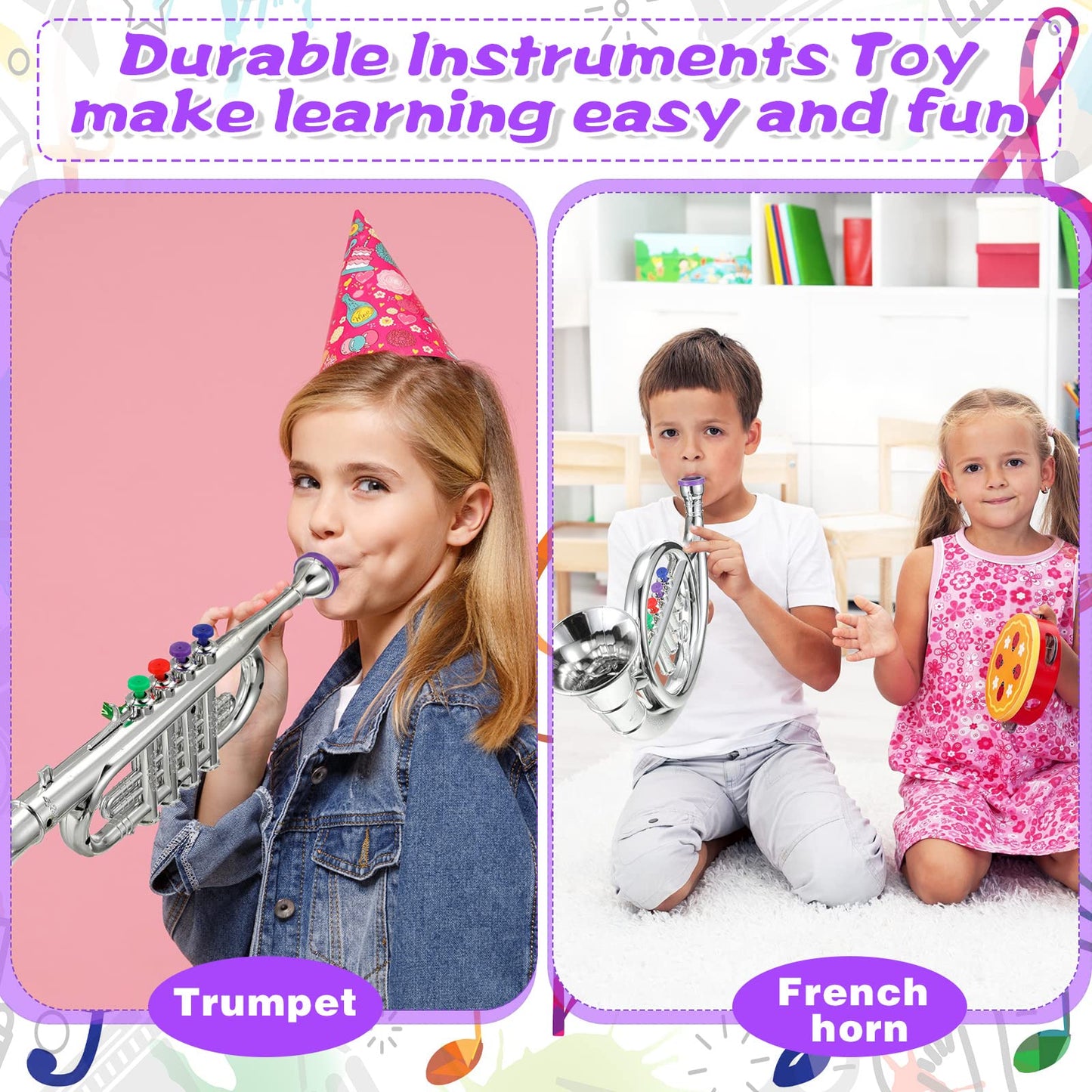 Treela 4-Piece Kids Toy Instrument Set – Clarinet, Sax, Trumpet & Horn (Silver)