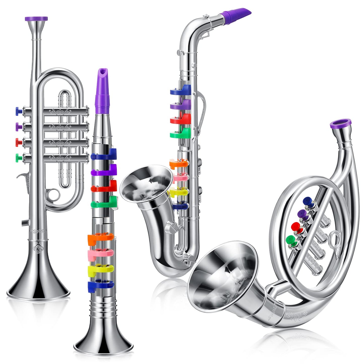 Treela 4-Piece Kids Toy Instrument Set – Clarinet, Sax, Trumpet & Horn (Silver)