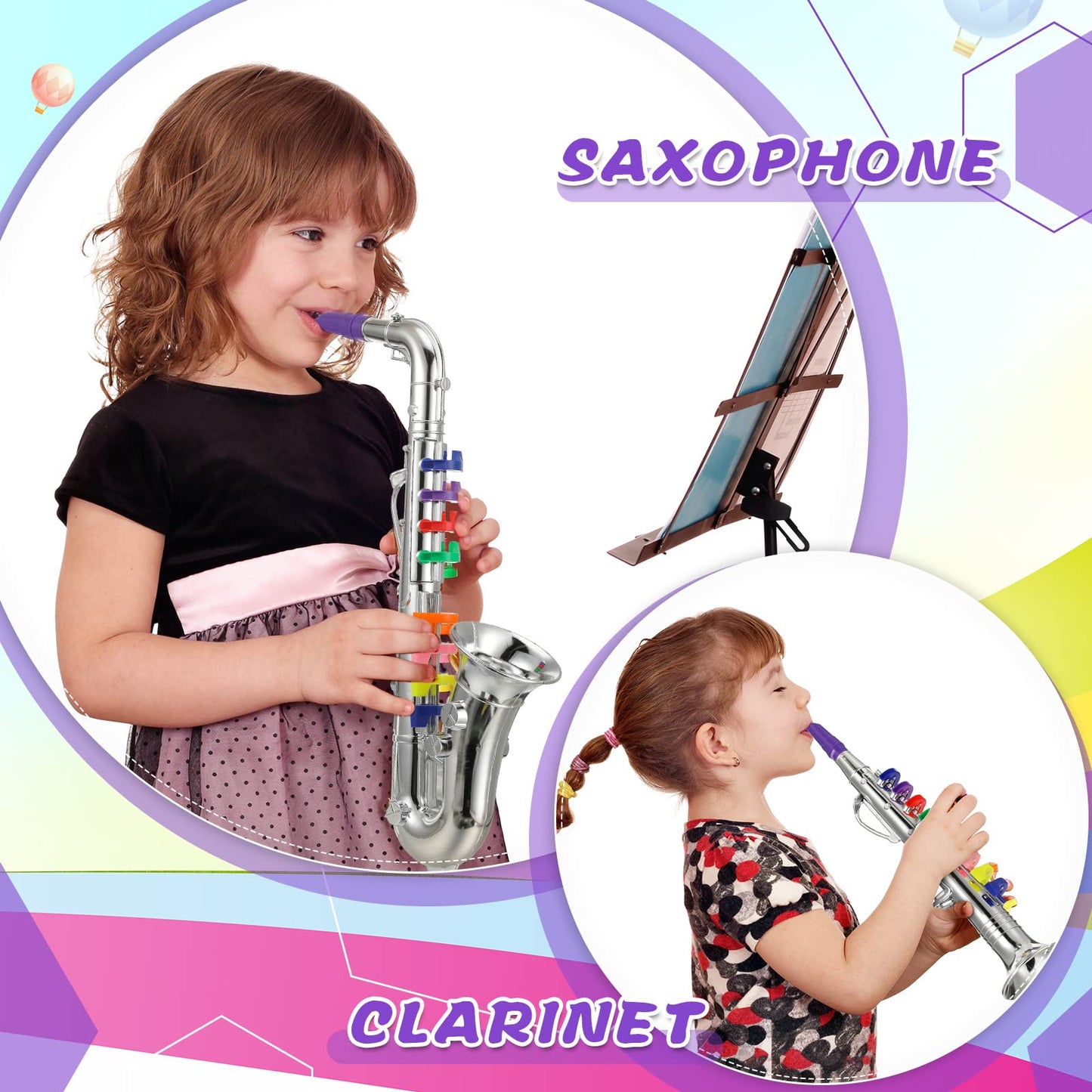 Treela 4-Piece Kids Toy Instrument Set – Clarinet, Sax, Trumpet & Horn (Silver)