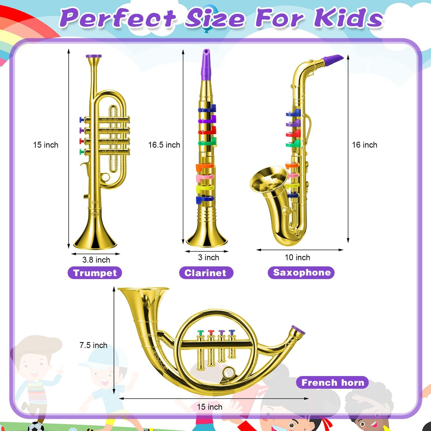 Treela 4-Piece Kids Instrument Set (Gold) – Toy Clarinet, Sax, Trumpet & Horn
