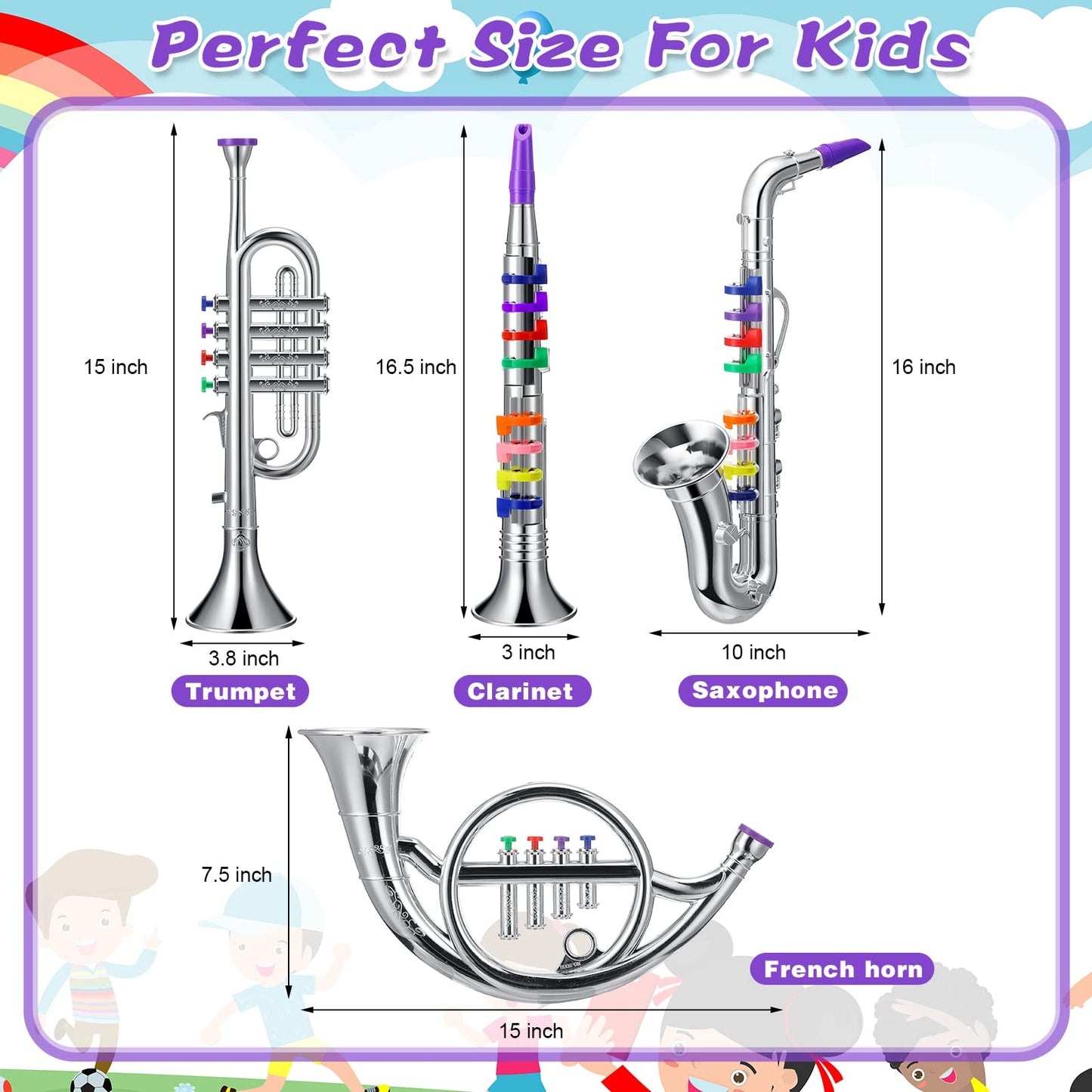 Treela 4-Piece Kids Toy Instrument Set – Clarinet, Sax, Trumpet & Horn (Silver)